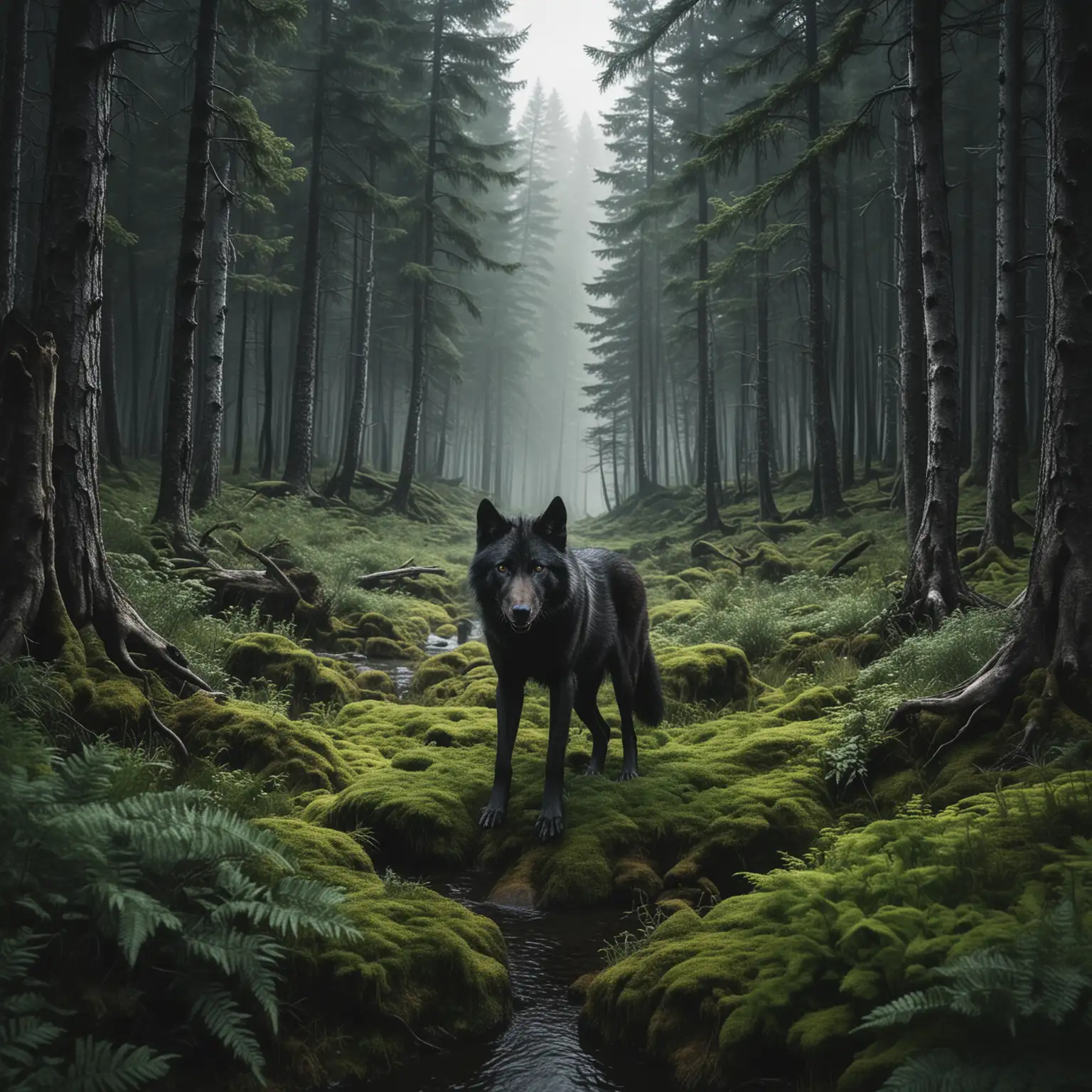 black wolf emerging from large landscape of dark forest, green, epic views