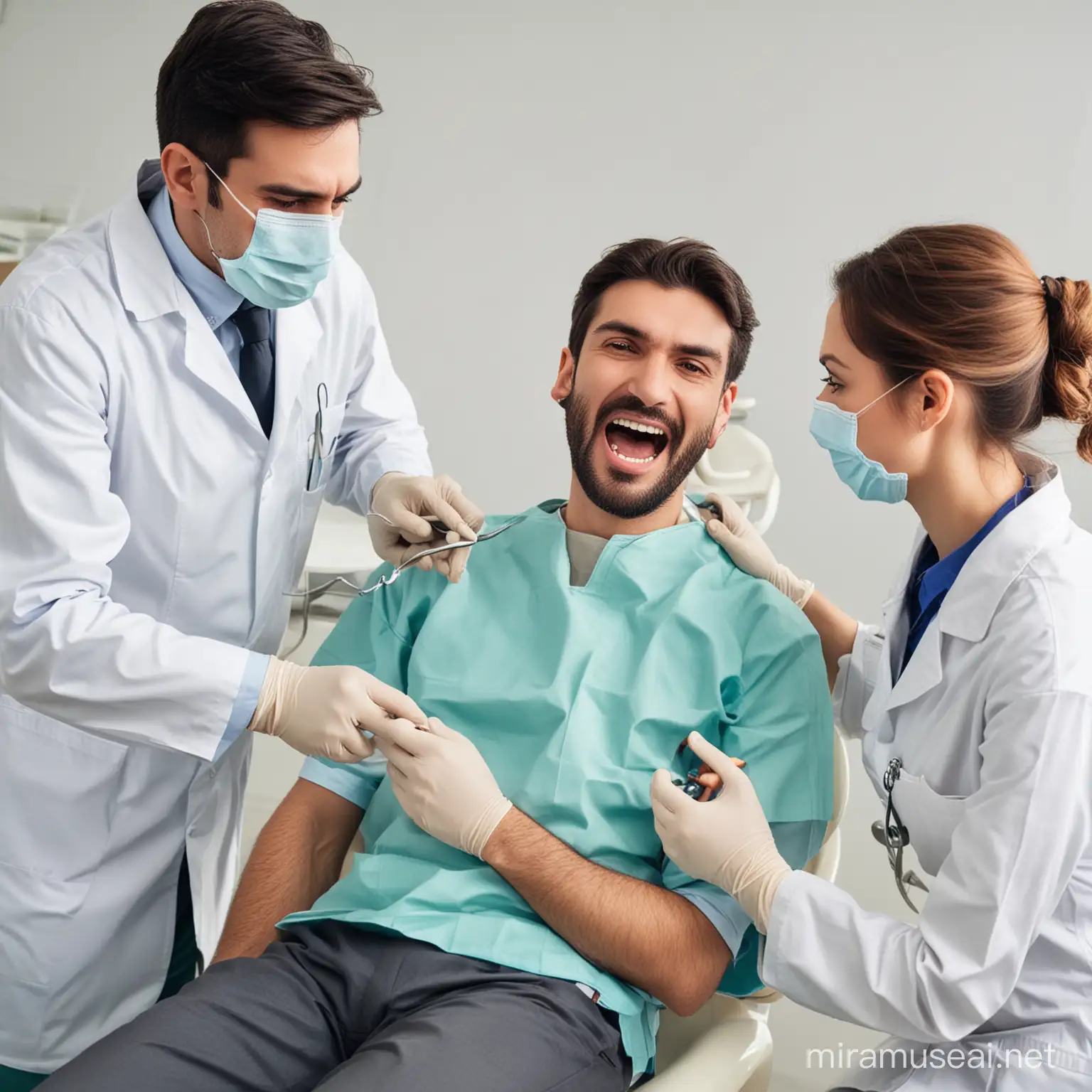 Anxious Patient Undergoing Tooth Extraction by Dentist with Assistant