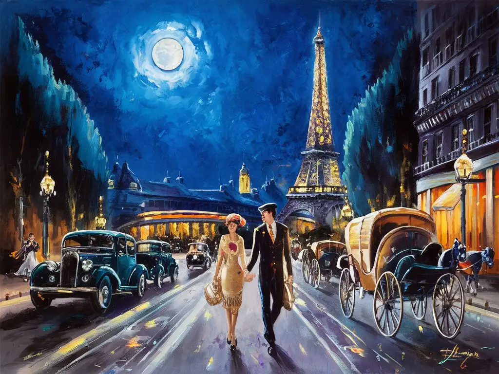Whimsical Midnight in Paris Painting with Eiffel Tower and Vintage Cars