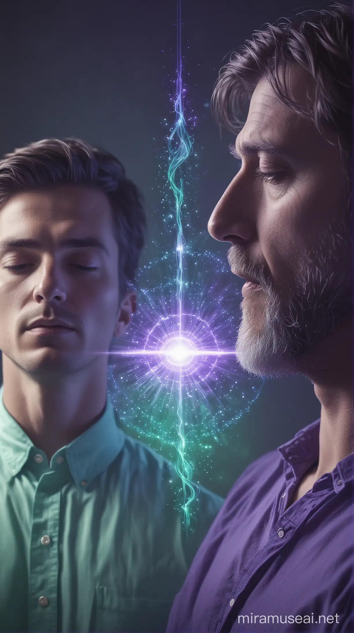 	a father and son, spiritual awareness, elegant style, spiritual character, spiritual third eye, meditiation, spiritual connection, early age, realistic, mind, manipulation, purple, green and blue color palette, pastel colors, growth, special effects, particles, cinematic lights, depth of field