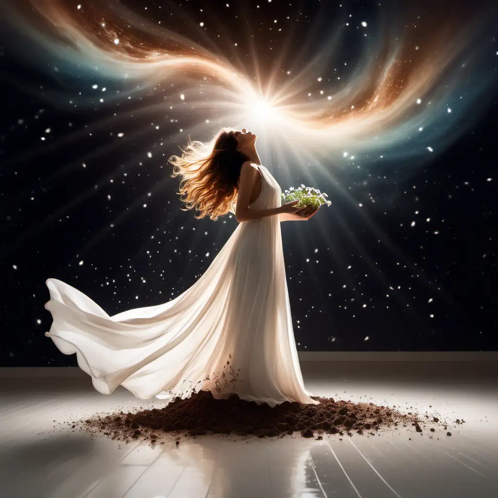 Create a celestial background with a beautiful woman dressed a long white flowing dress, floating above a lighted bright floor with her hands cupped together holding a little soil with a very small flower just growing out.