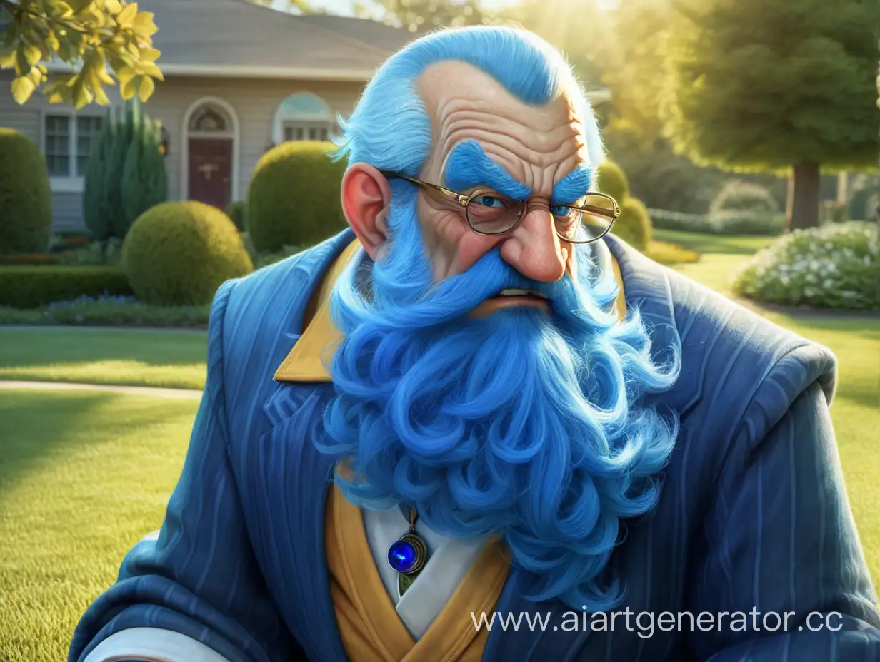 Синяя борода (большой злой старик с синей бородой) наслаждается утренним солнцем на лужайке.