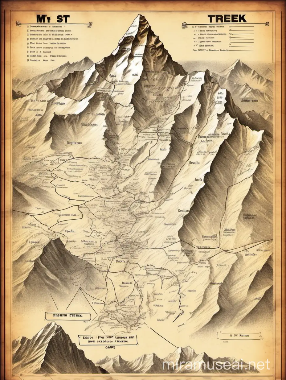 vintage sketch of Mt Everest trek map with labels of different camps or major places