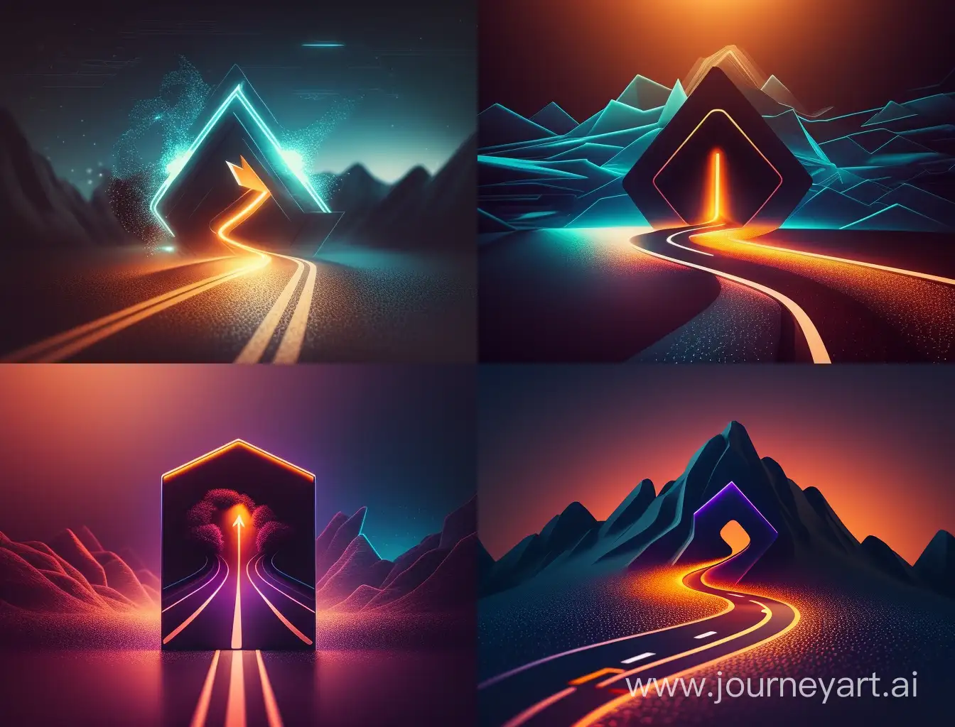 A glowing navigation icon points towards a road on an abstract background.