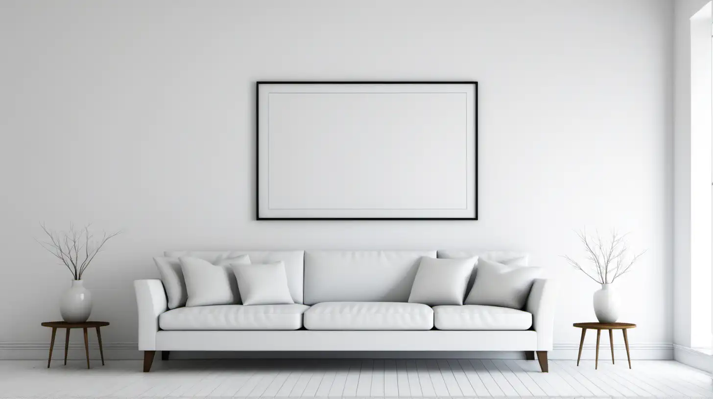 living room with empty frame on wall, serene, white