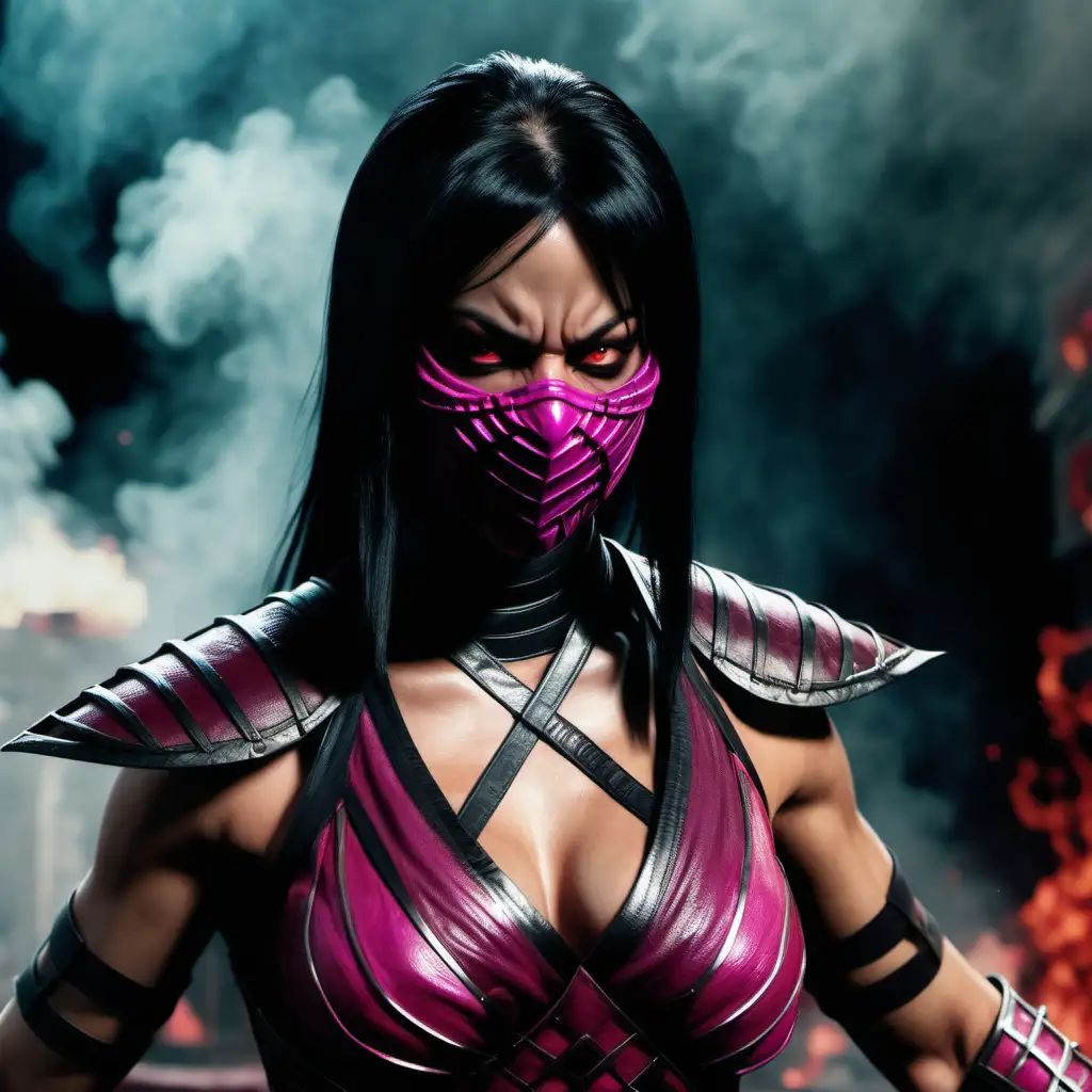 film Technicolor z 2023 roku, , ultra realistyczne 32k, antropomorficzna mortale combat w kostiumie  mileena, nakładka „The Amazing mileena duży biust, czerwone oczy ”, panorama piekła dużo dymu  --ar 9:16 --v 6