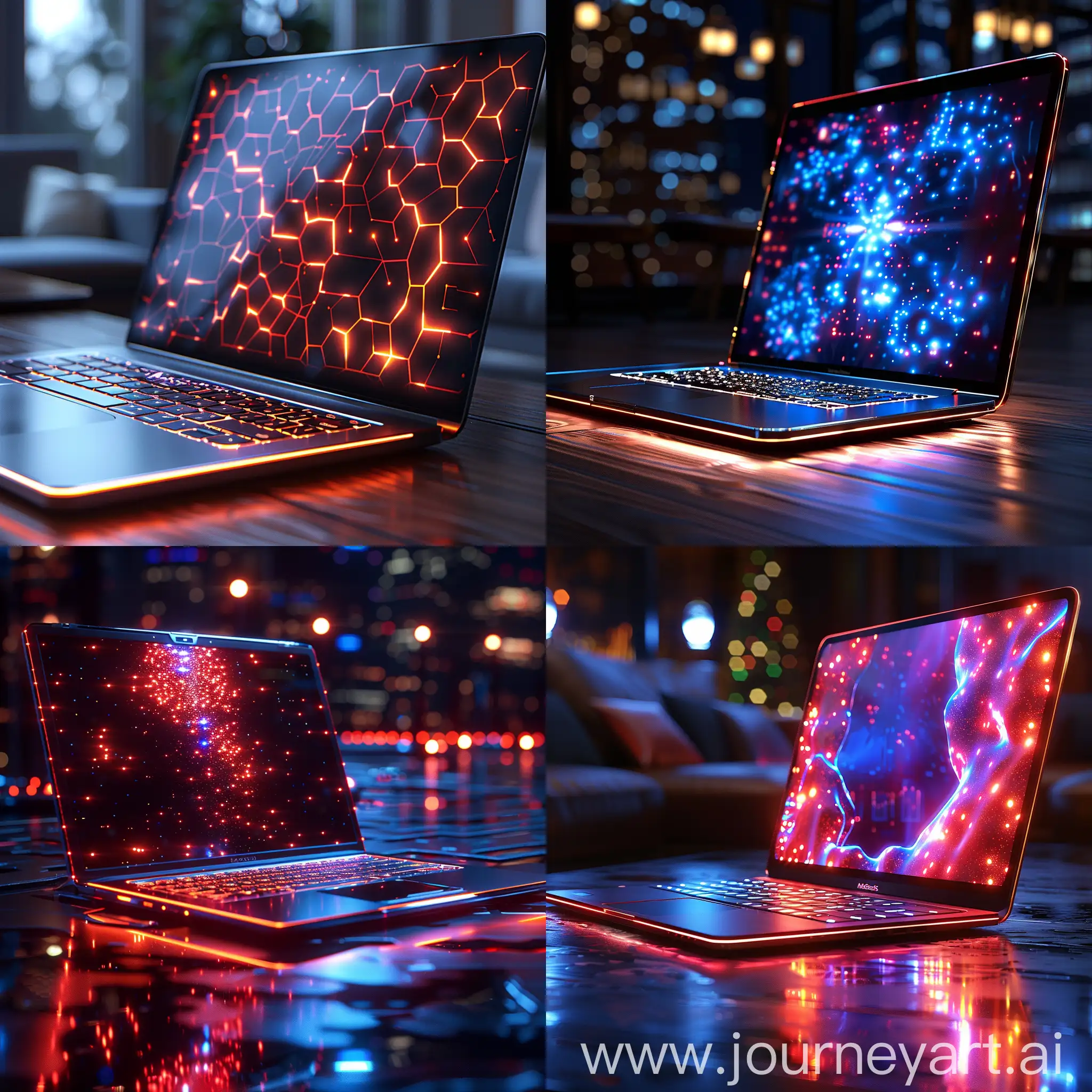 Futuristic laptop, ultra-modern, ultramodern, stainless steel, smart materials, graphene holographic projections, high tech, octane render --stylize 1000