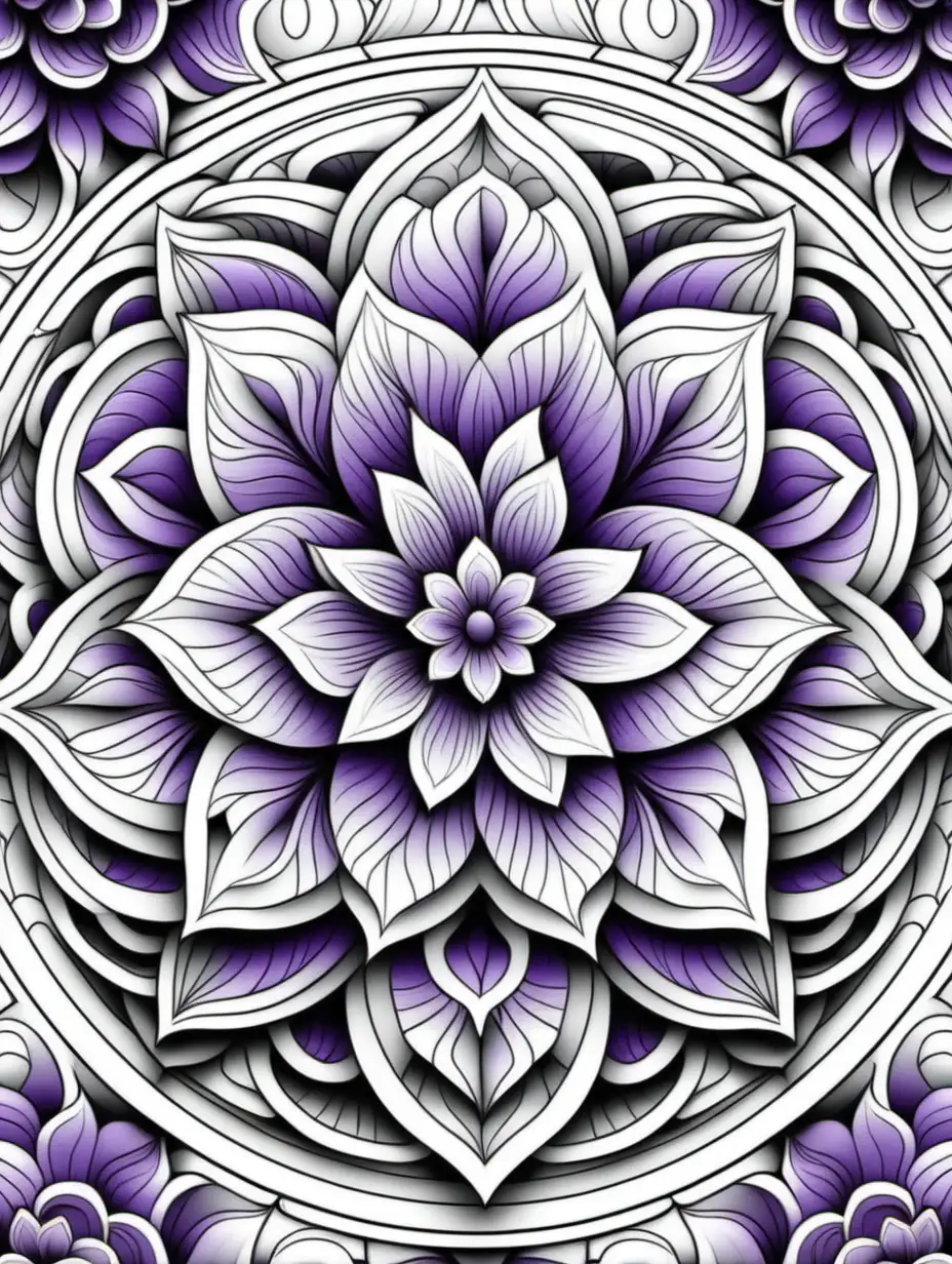 Adult coloring book, 3d lilac blossoms background, Black and white, no shading, no color, thick black outline, Symmetrical mandala made of geometric shapes.