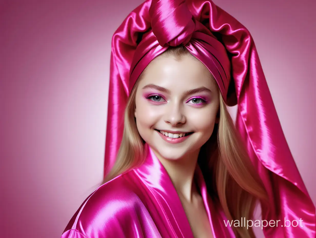 Gentle, sweet, sexy, young Yulia Lipnitskaya with long straight silky hair gently smiles in luxurious pink sweet fuchsia Silk Robe and pink sweet fuchsia silk Towel Turban