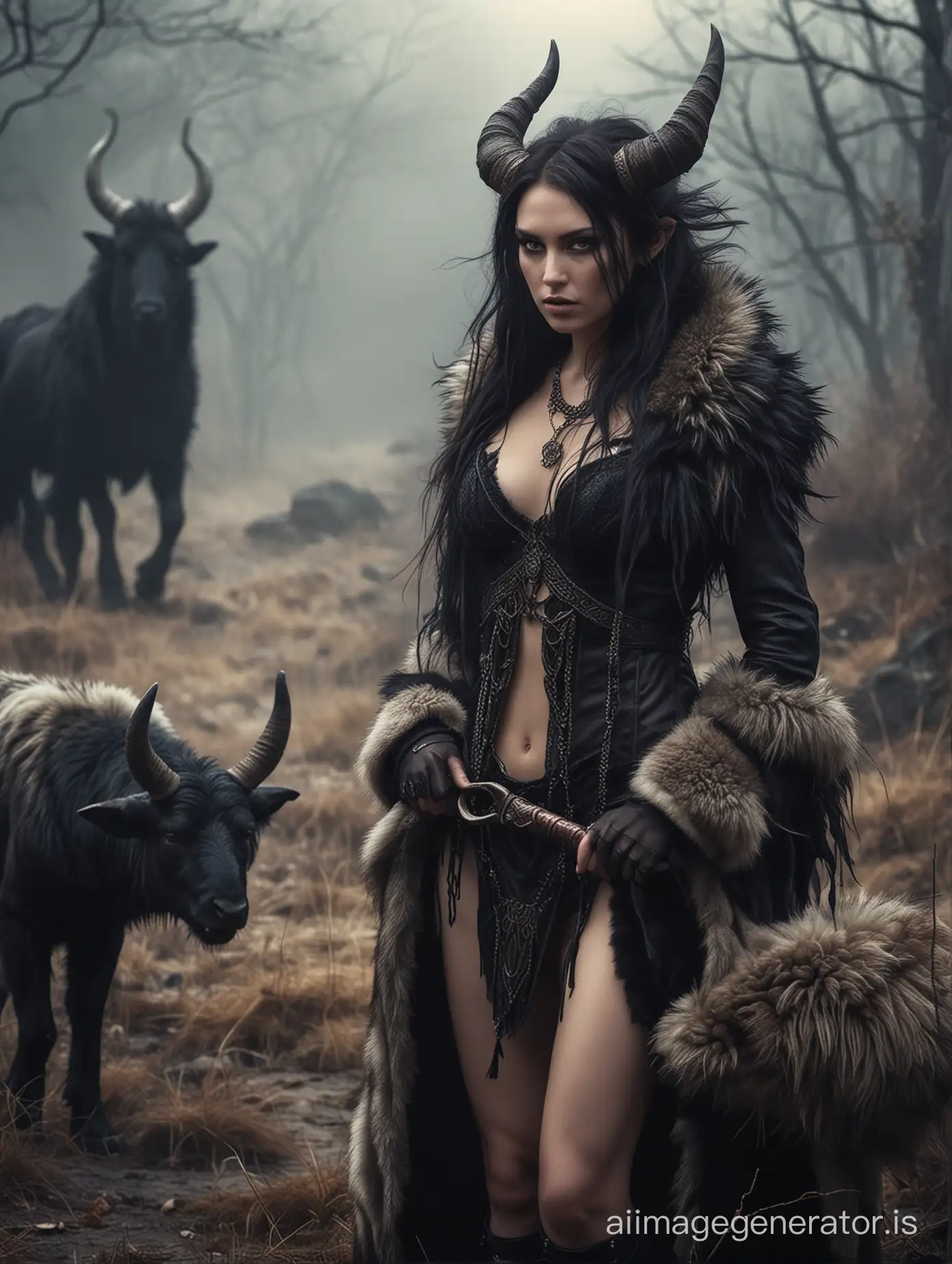 The female druid (NO HORNS) hunting, her animal companion by her side, scantily dressed in an outfit of furs, realistic photograph. Dark fantasy like landscape. Demons fighting in the background.