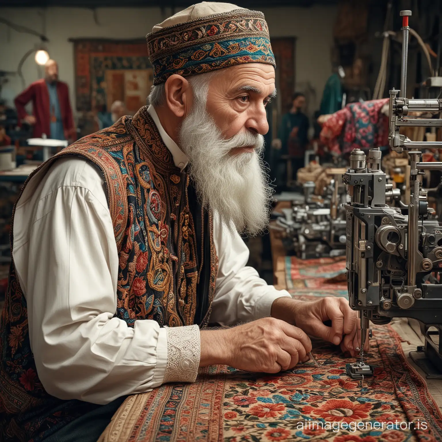 hyper realistic old beard man with Persian folk-art clothes and traditional motifs working with an industrial embroidery machine in a larg factory in germany in vintage style photo