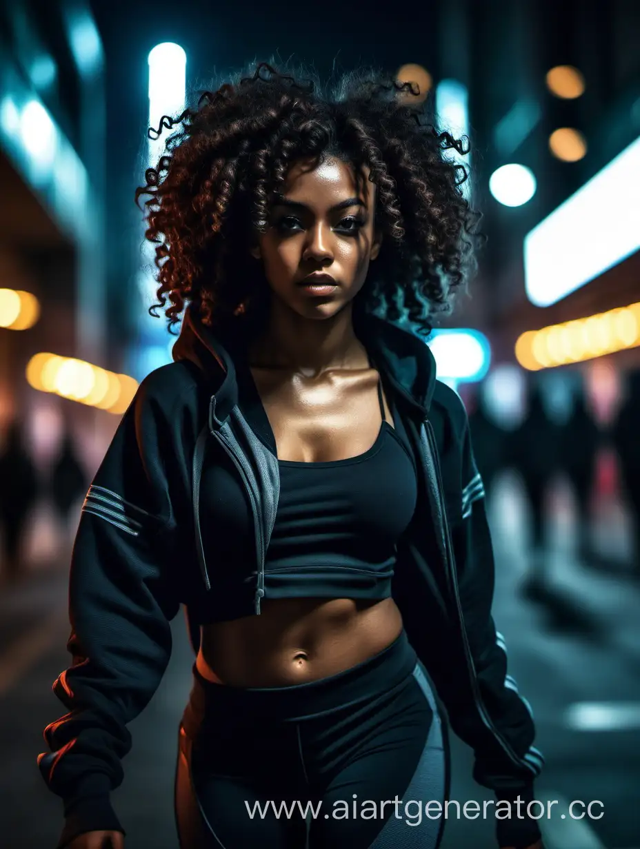 Dystopian future fashion, cyberpunk, attractive young adult black woman, athletic body, big curly hair, walking through night city, sporty clothes with hood up and abs showing, looking at camera confidently, cinematic shot