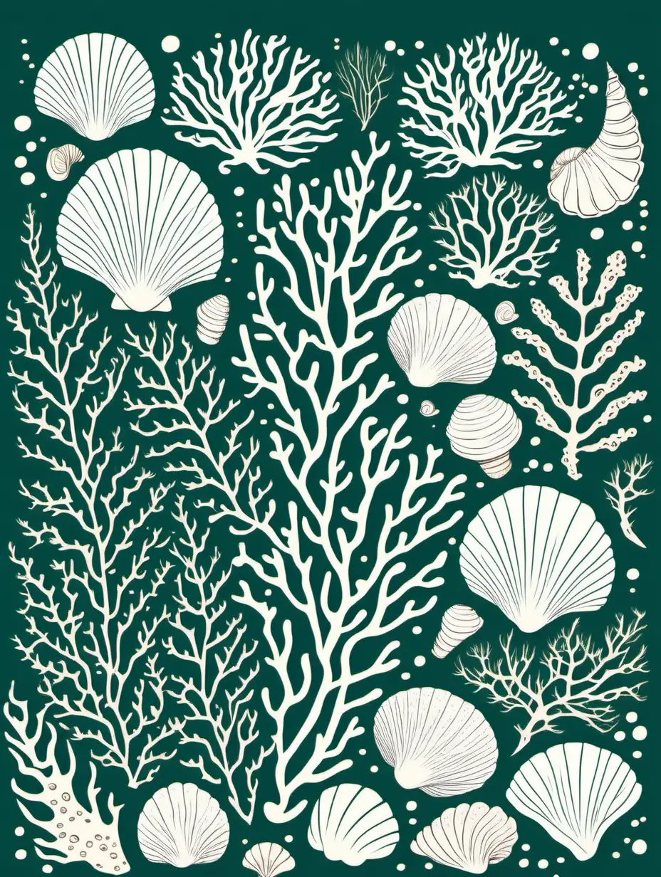 Exquisite Seaweed and Seashells Illustration in Elegant FlatLine Style