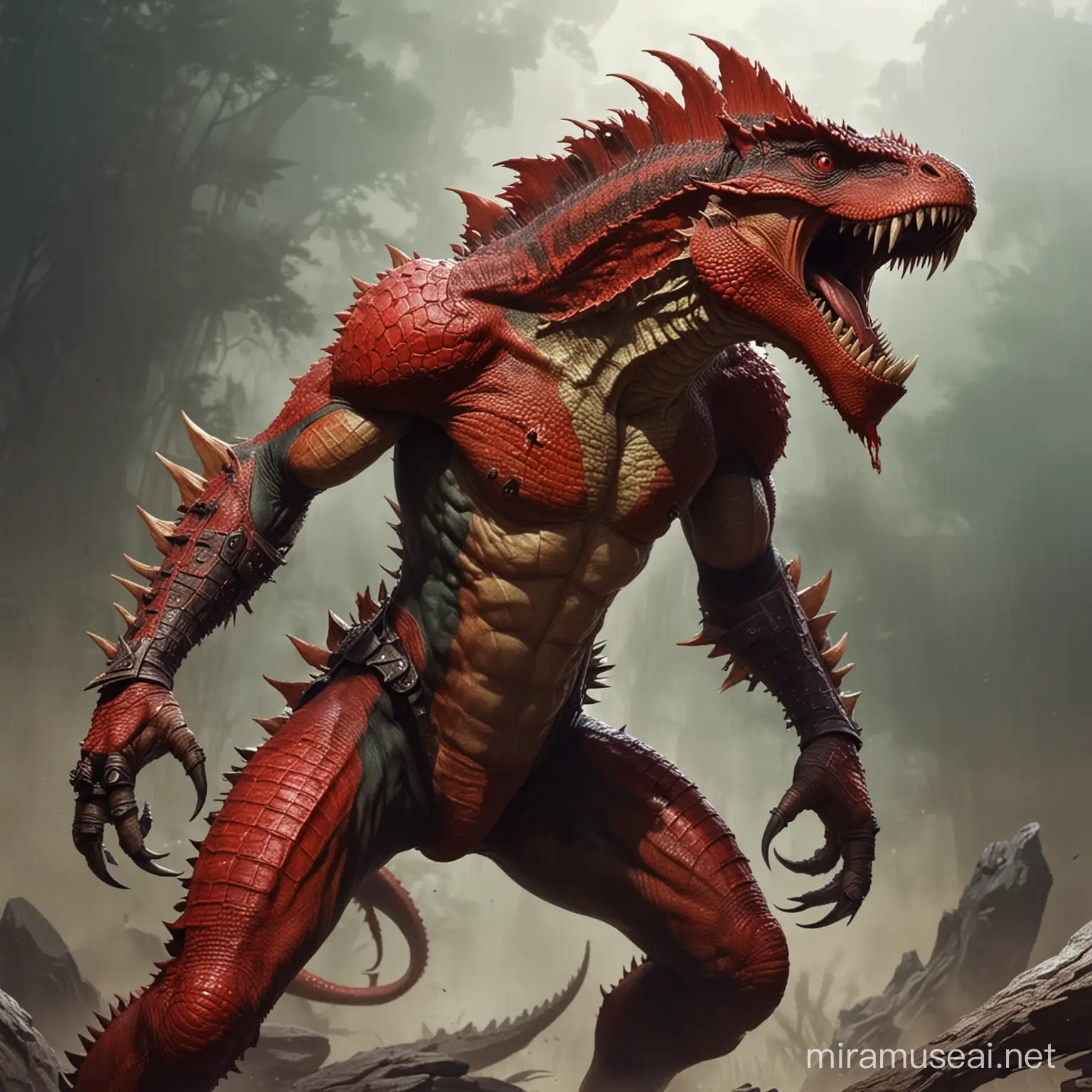 Furious Red Lizardman Fighter with Horn in Humanly Mouth