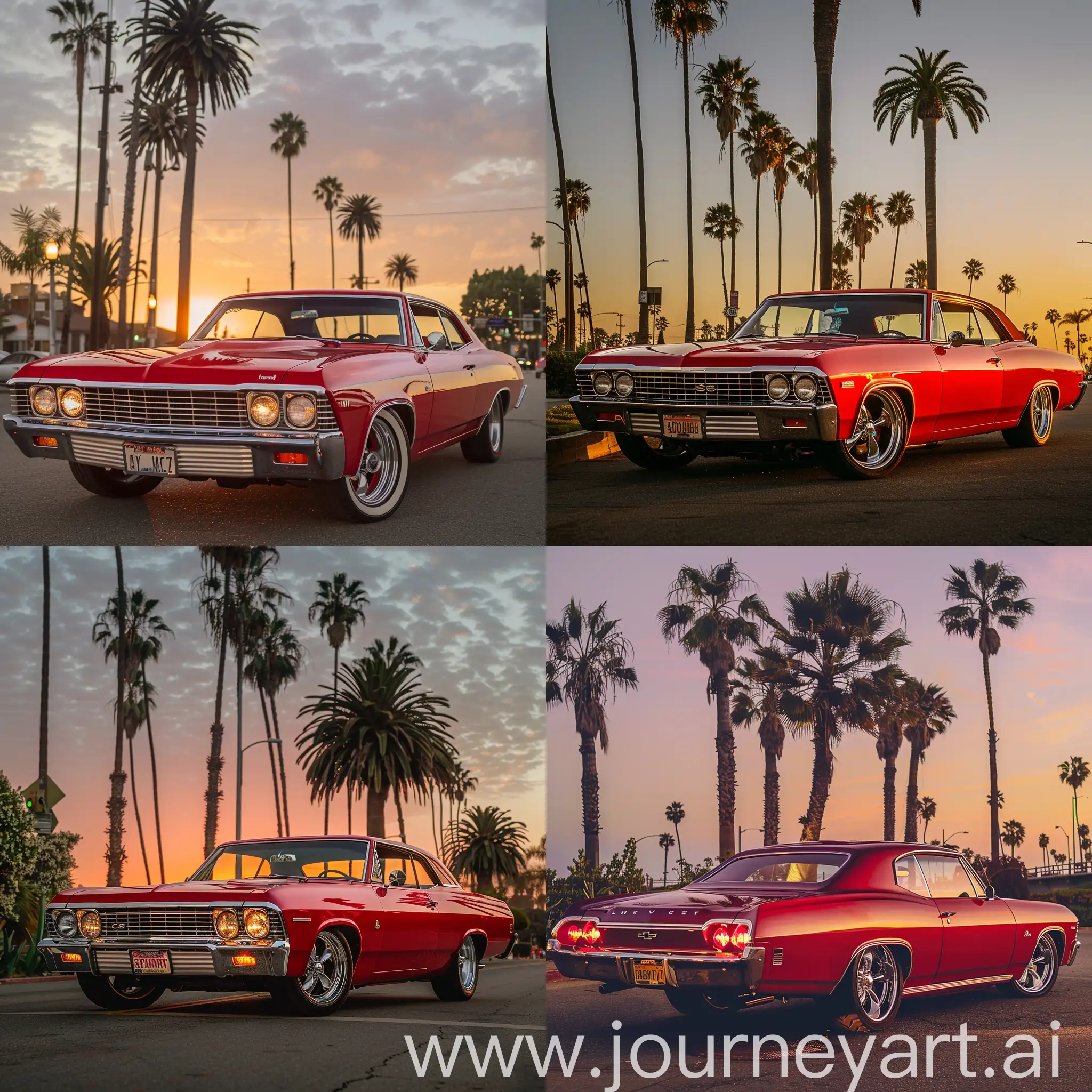 1969 Chevrolet Impala, candy red paint, California sunset, palm trees, warm urban style, muted urban color grading, slightly grainy street photography