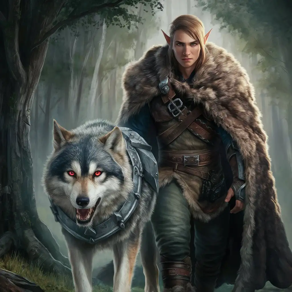 young male half elf battlesmith wearing fur cloak, wolf with metal chest plate and one ruby eye
