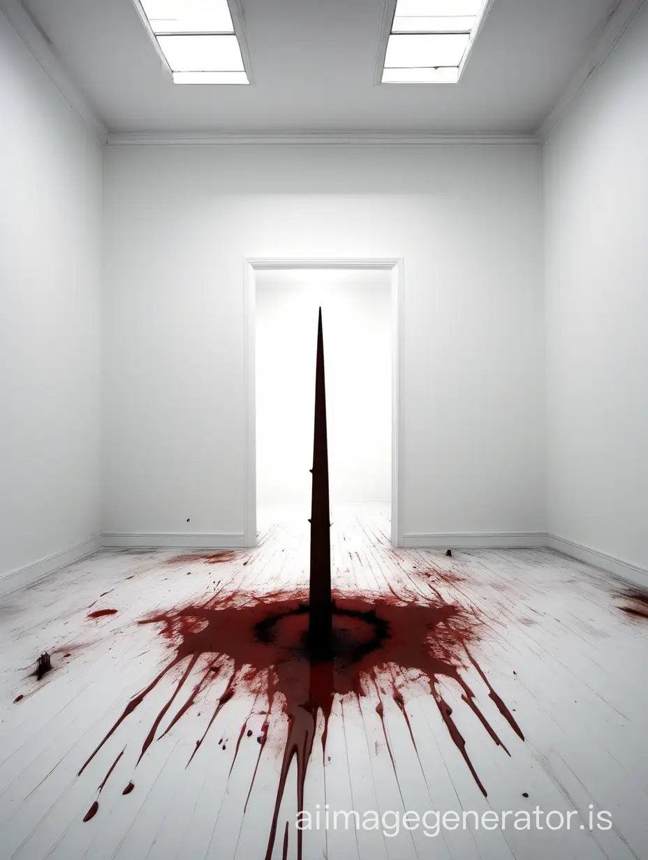 a blank white room with a bloody spike in the middle