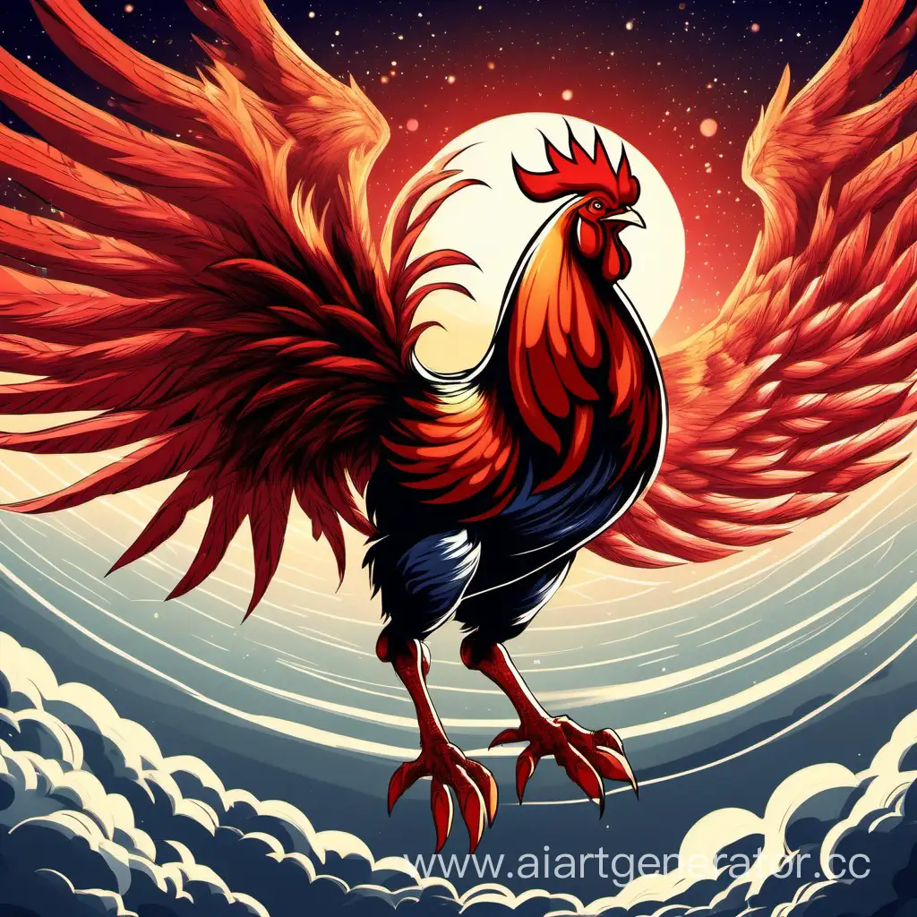 A big rooster with red wings and head, sharp claws like a phoenix, flying in the sky, overlooking the earth