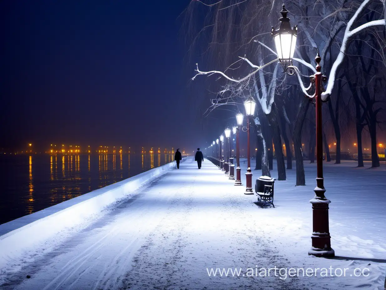ночь, снег, пушкинская набережная Таганрог, море, идет Антов Чехов