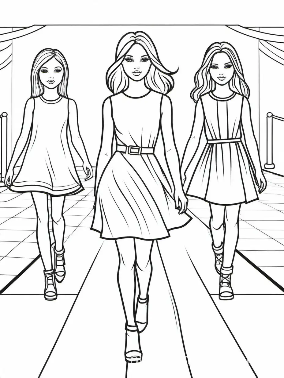 girls fashion runway show, Coloring Page, black and white, line art, white background, Simplicity, Ample White Space. The background of the coloring page is plain white to make it easy for young children to color within the lines. The outlines of all the subjects are easy to distinguish, making it simple for kids to color without too much difficulty