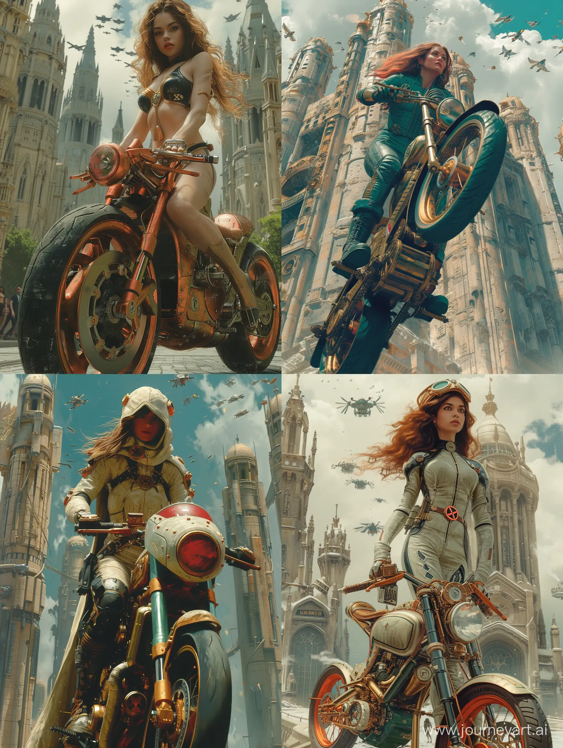 Women Amazon warrior with futuristic motorcycle in the steampunk style of the Victorian era state of street on big towers with magic mechanisms and laboratory devices, in sky flying derigibles, Luis Royo and Jim Lee style, features, ancient, highly detailed, complex, golden ratio composition, X-Men comic book cover, --v 6.0 --ar 3:4 --s 750