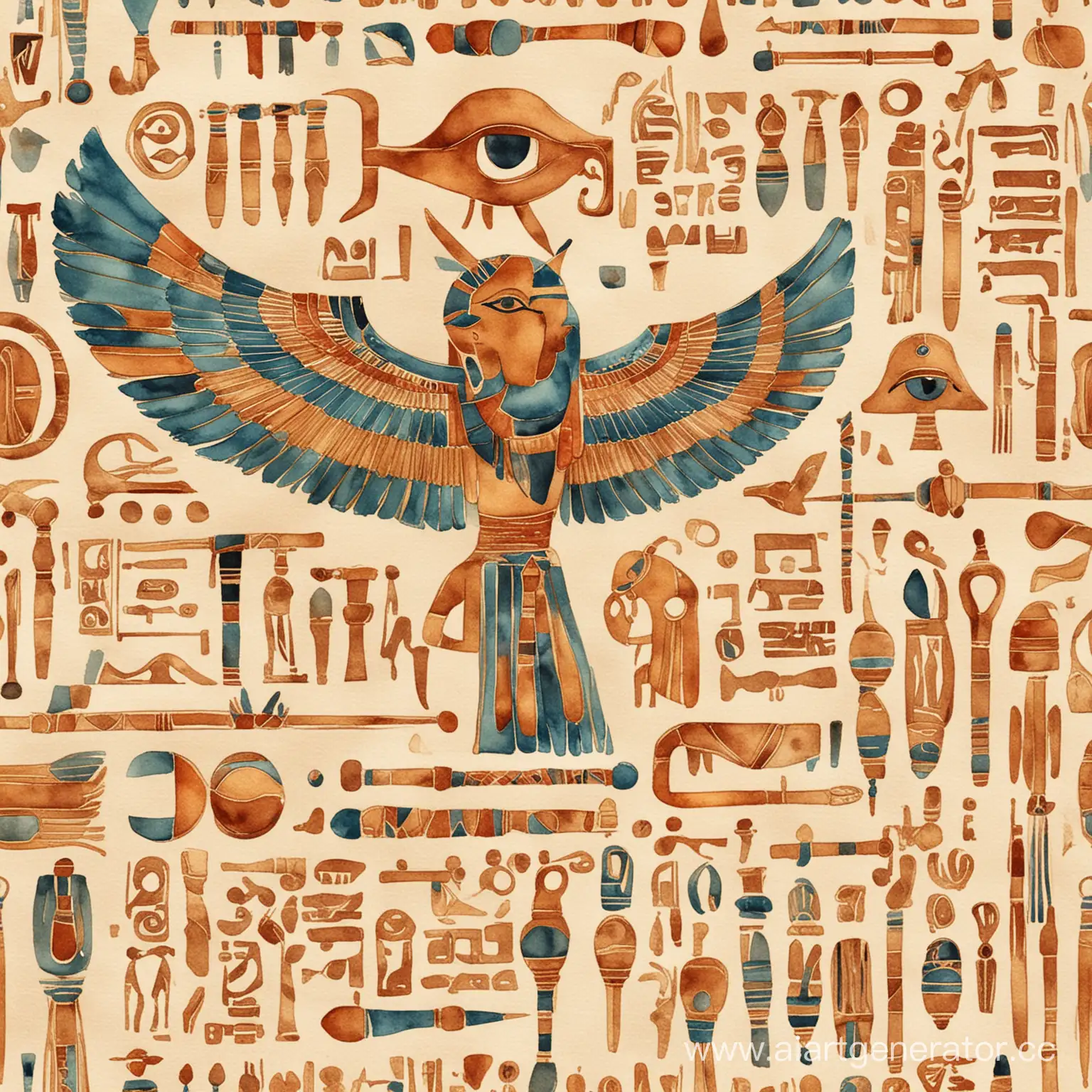 watercolor style, Egyptian hieroglyphs, detailing, jewelry,, aesthetics, high quality, bronze shades