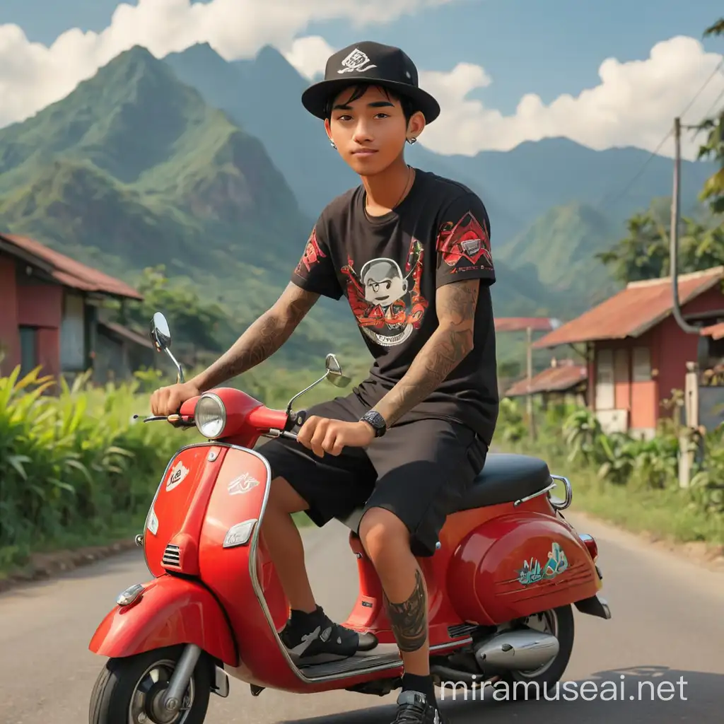 Javanese Man Riding Red Vespa in Countryside Scenery Pose