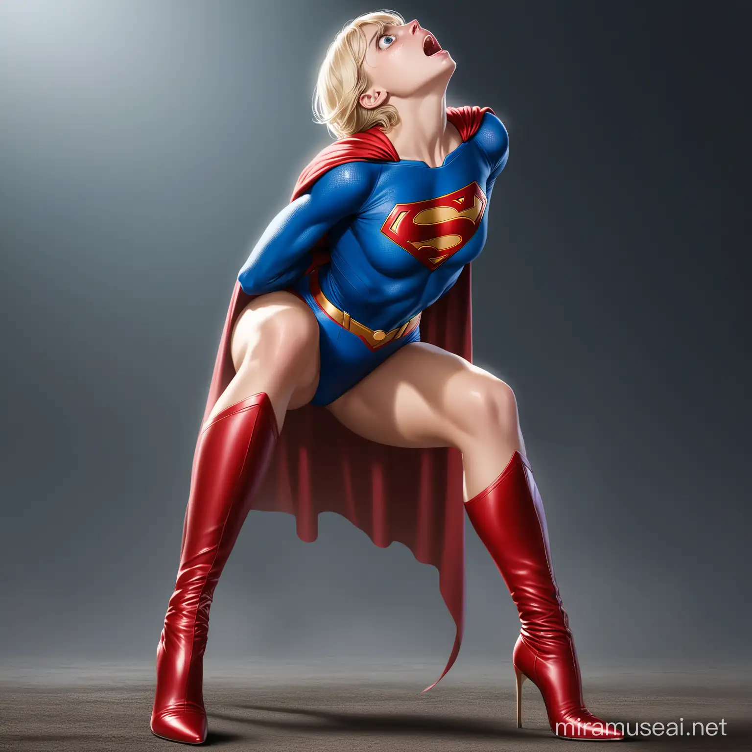 Androgynous Supergirl in Struggle Defeated Heroine Clutching Neck