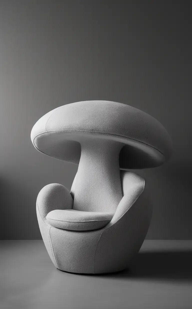 modern unusual chair inspired by the shape of a mushroom, gray background