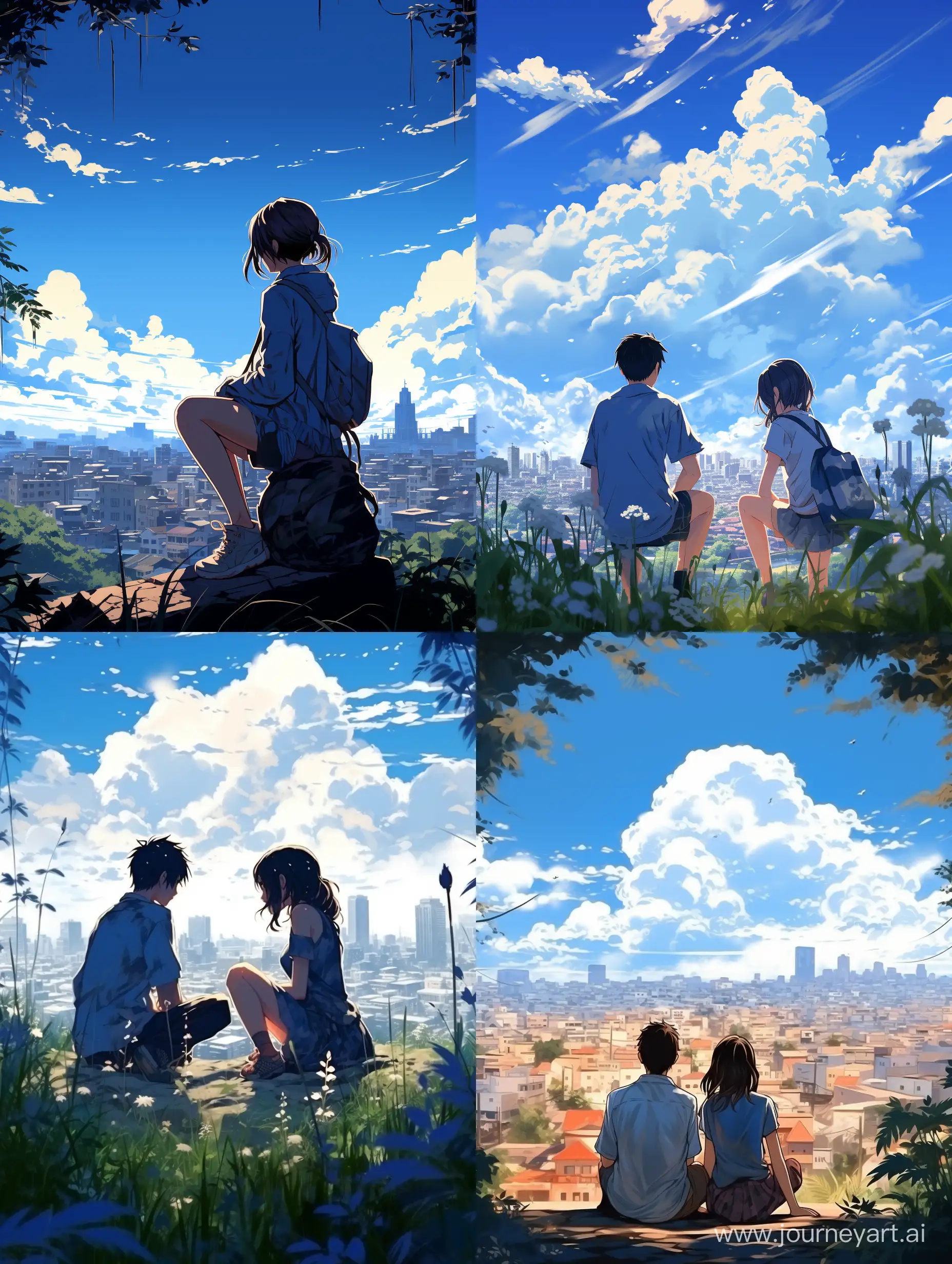 Anime, summer, background city, two teenagers, playing, style of Makoto Shinkai Byousoku 5 Centimeter, blue sky, advanced sense of color scheme, national trendy illustration, 8k, rich details,  natural lighting, minimalism --s 400