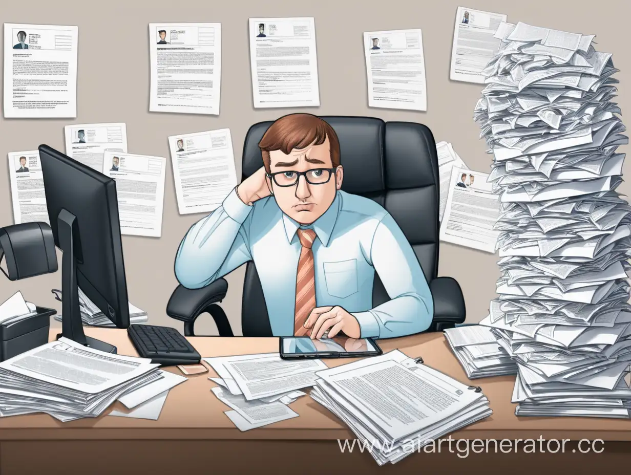 Overwhelmed-HR-Manager-Drowning-in-Resumes-at-Busy-Office-Desk