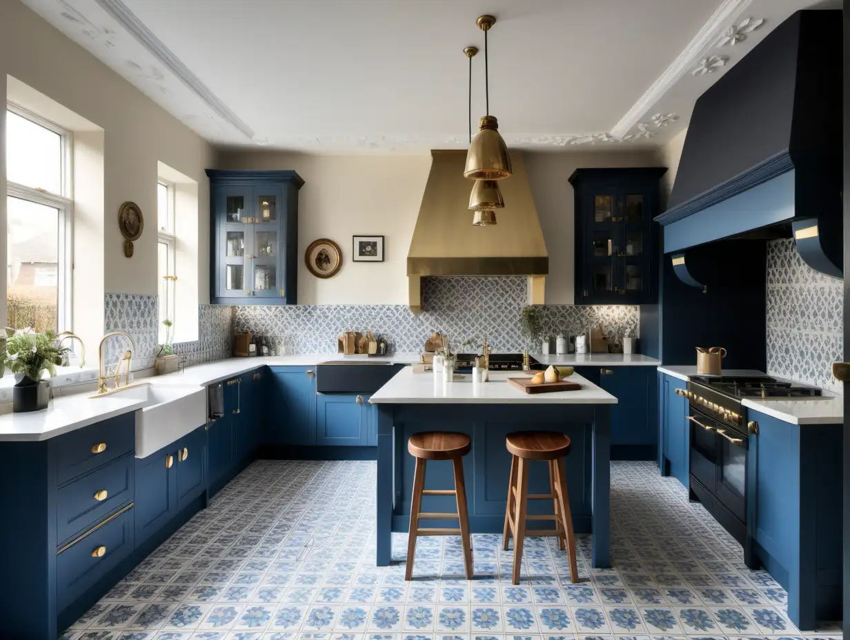 off white kitchen shaker style, brass handles, range ove, Belfast sink, dark wood breakfast bar, vintage pendant lights over head blue and white patterned tiled floor