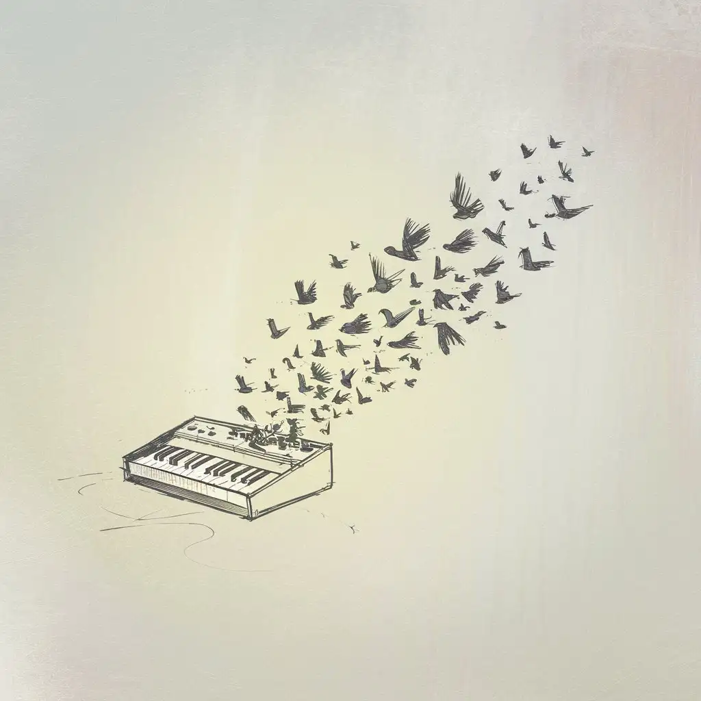 small keyboard synth close up outline horizontal vanishing fading dissolving into birds minimal abstract sketch drawing