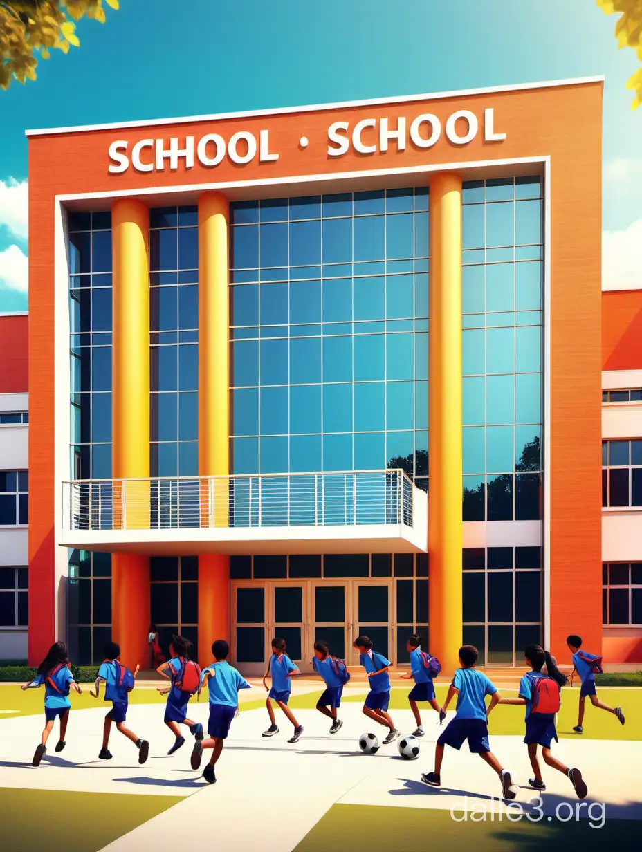 A vibrant and inviting image of a school building with happy students engaged in various activities like studying, playing, and participating in sports.