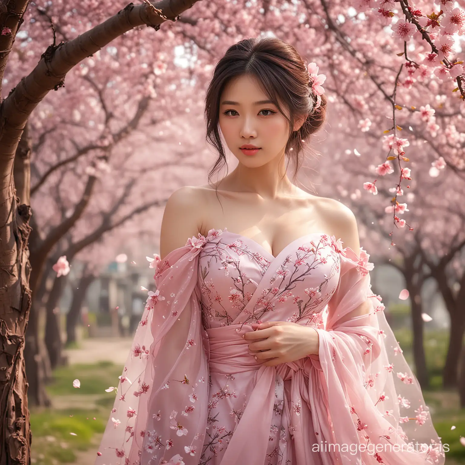a korean woman,bitten lips, very big breasts, firm breasts,standing under a tree with pink flowers, cherry blossom background, realistic fantasy photography, cherry blossom petals, beautiful aerith gainborough, cherry blossoms blowing in the wind, girl beautiful fantasy, cherry blossoms, cherry blossoms, cherry blossoms in the background, cherry blossoms, lost in a beautiful fairy landscape," beautiful anime woman, ethereal fairy tale, by Anna Katharina Block