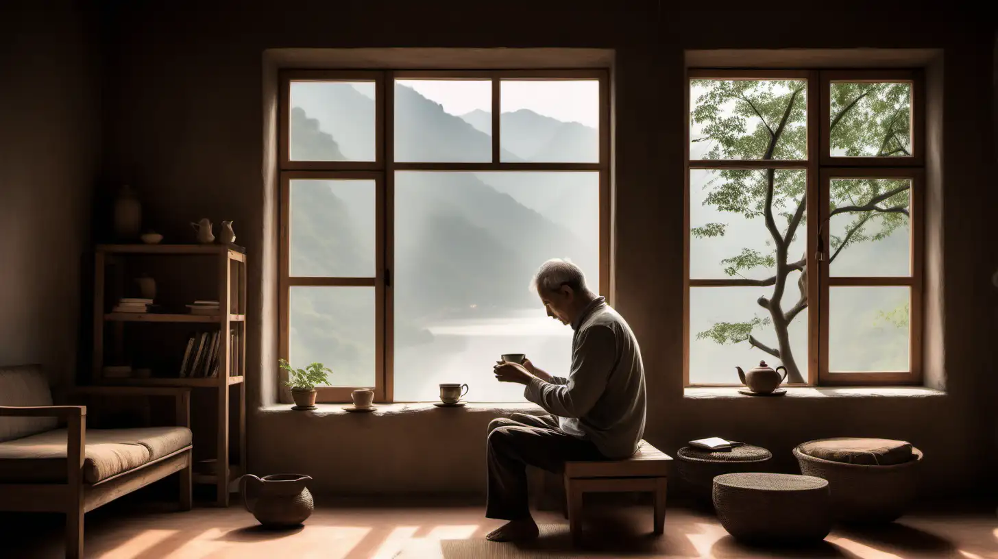 Tranquil Man Enjoying Serene Moments with Tea and Book in Cozy Room