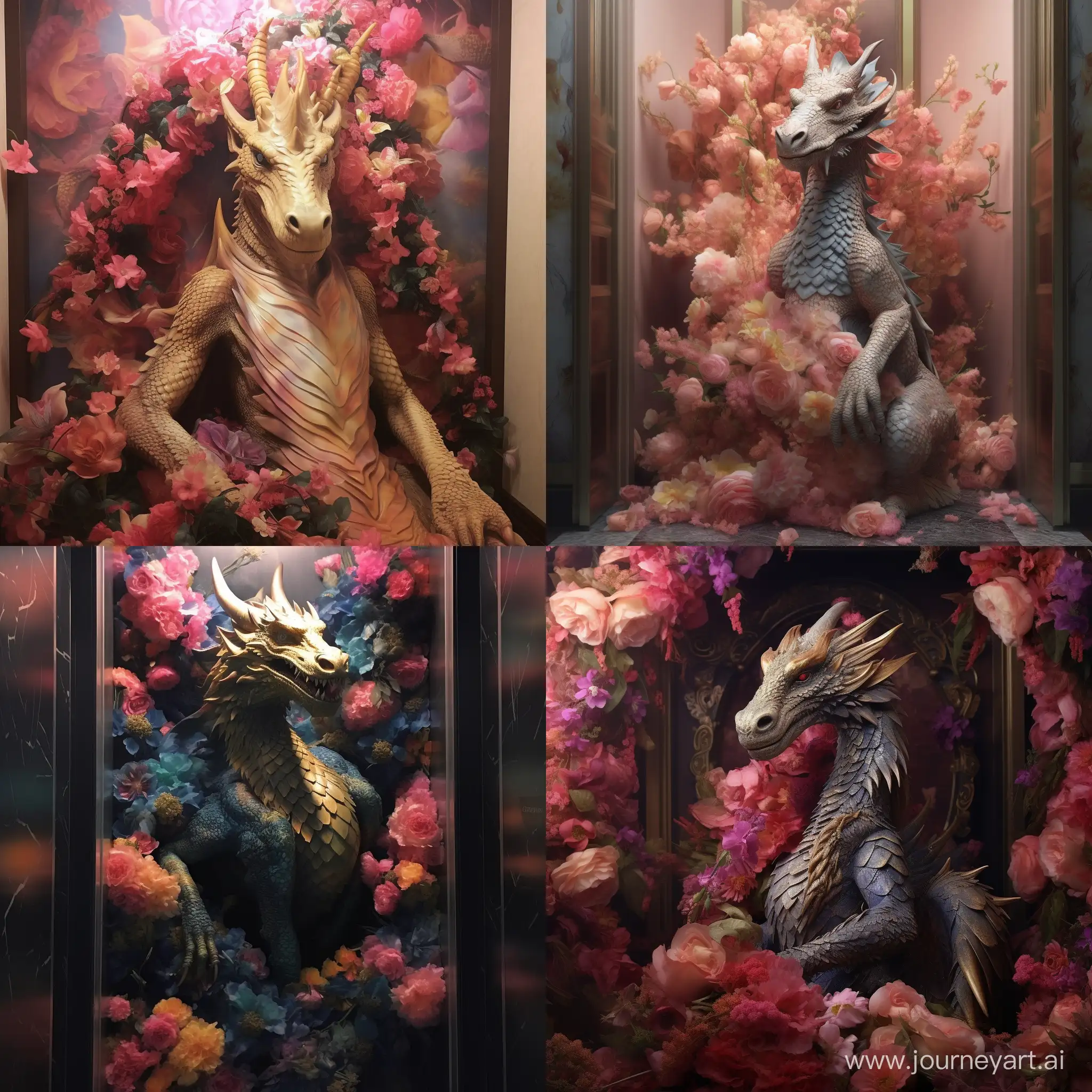 Majestic-Dragon-Surrounded-by-Vibrant-Flowers-Near-an-Elevator