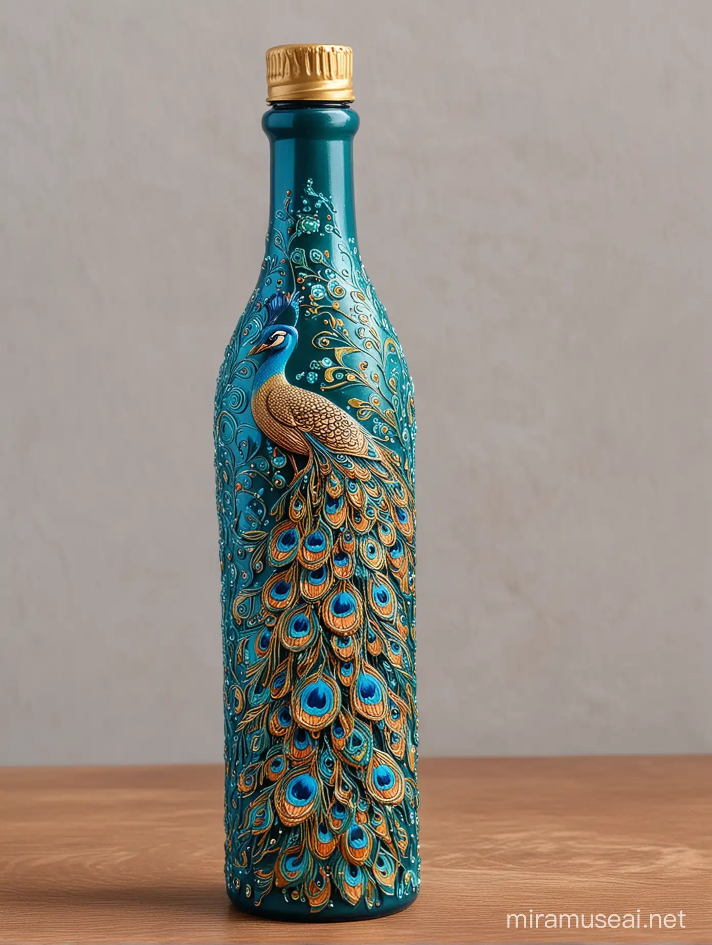 A painted bottle with acrylic paints with intricate peacock on it