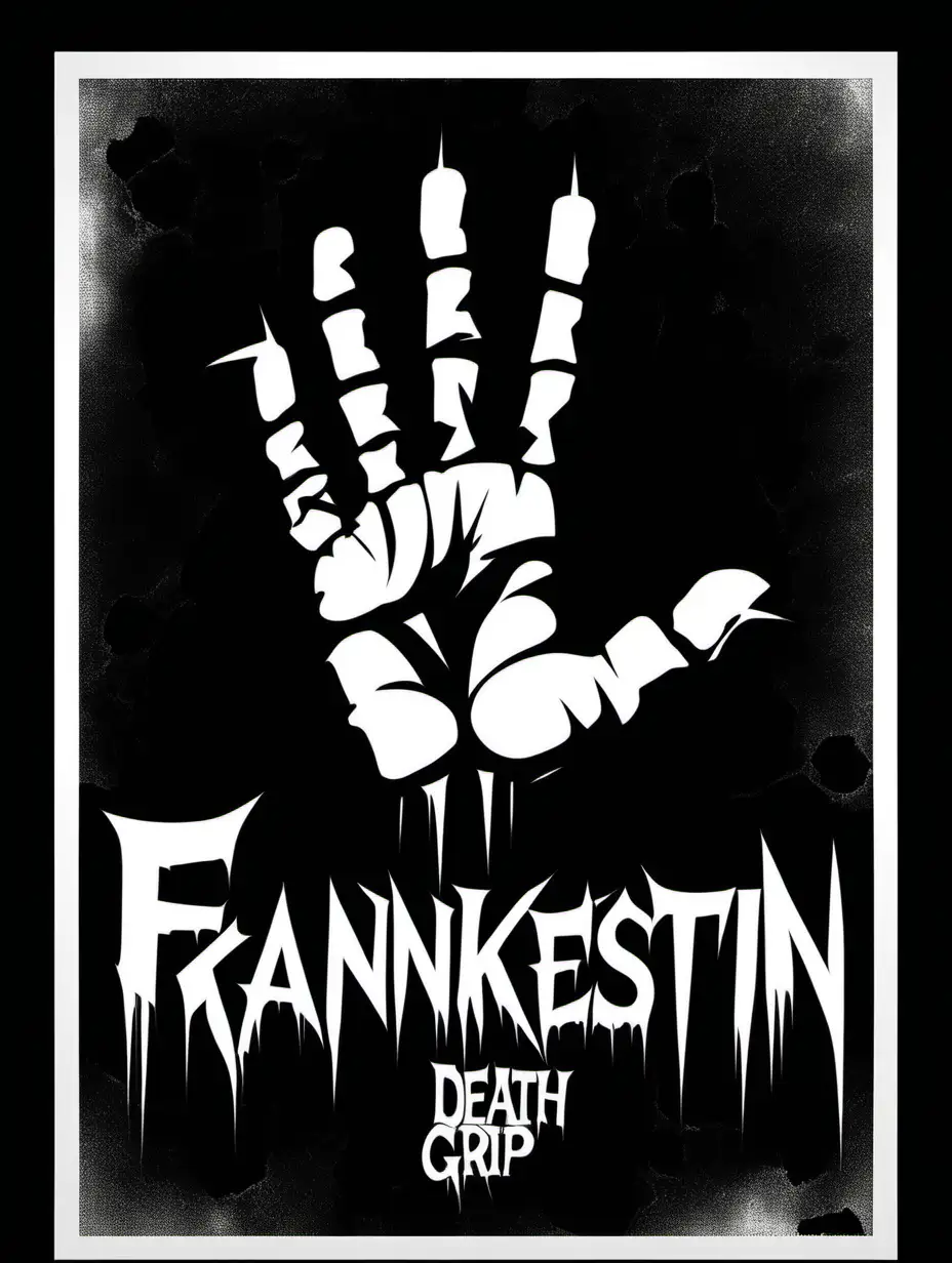 1970s Frankenstein movie poster 'Death Grip', in the style of Jim Phillips, black and white, stencil, minimalist, simplicity, vector art, negative space, isolated on black background --v 5.2