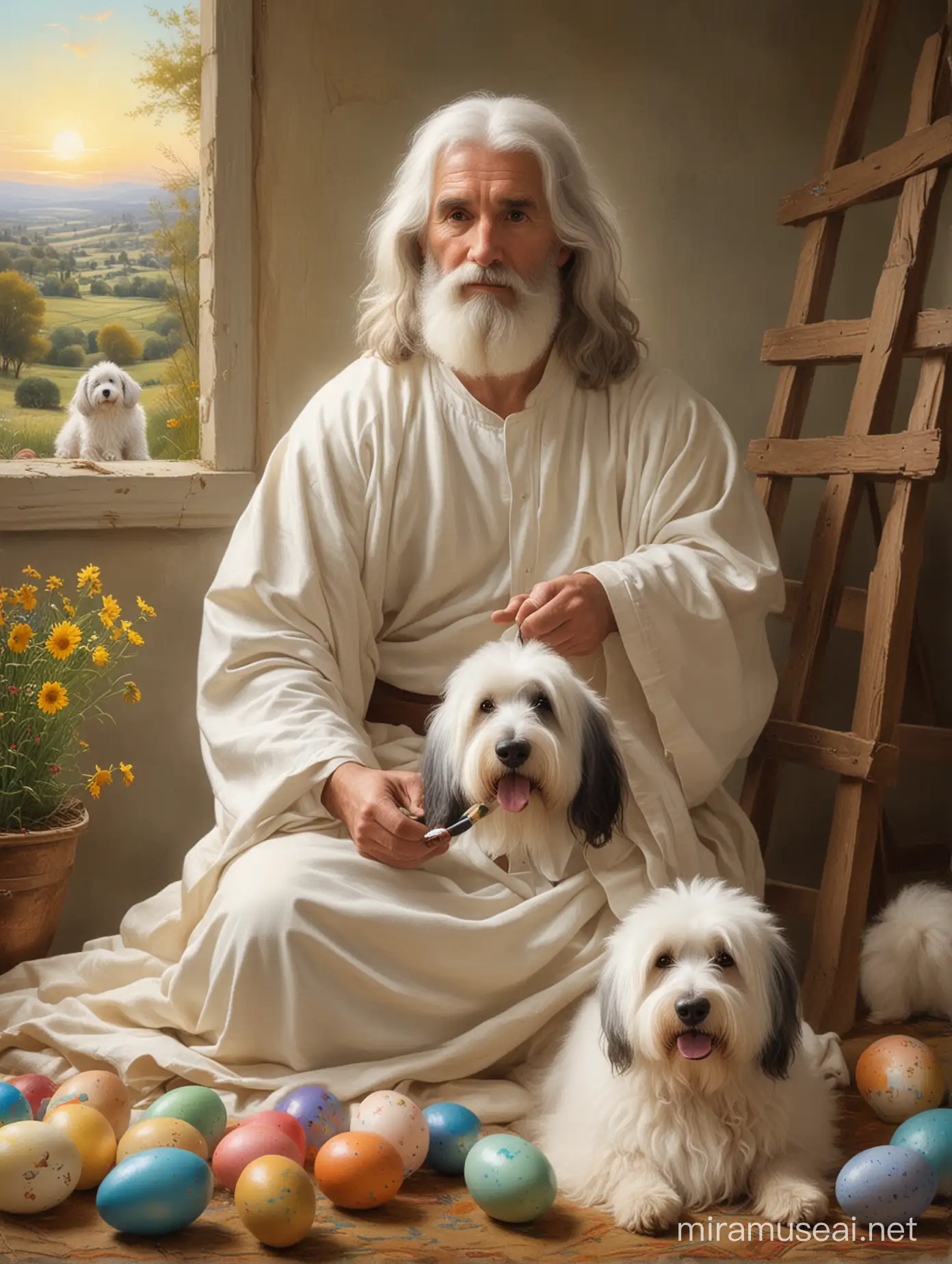Jesus painting eastereggs, with his eyes open and an old English sheepdog sitting next to him