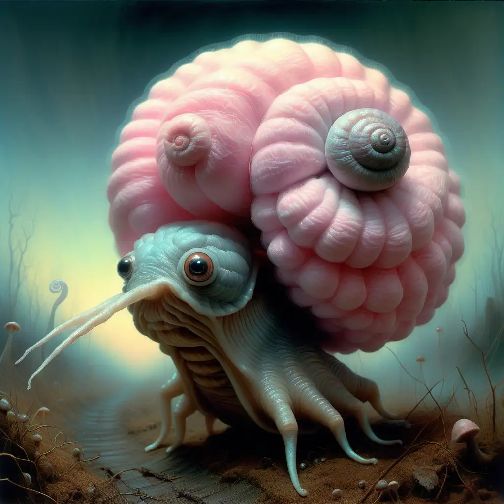 Zdzislaw Beksinski,  cute weird  , snail, mushrooms, tentacles, furry, cotton candy , blurry, bright eyes, big eyes, pastel colors ,blurry, faded colors, fuzzy.