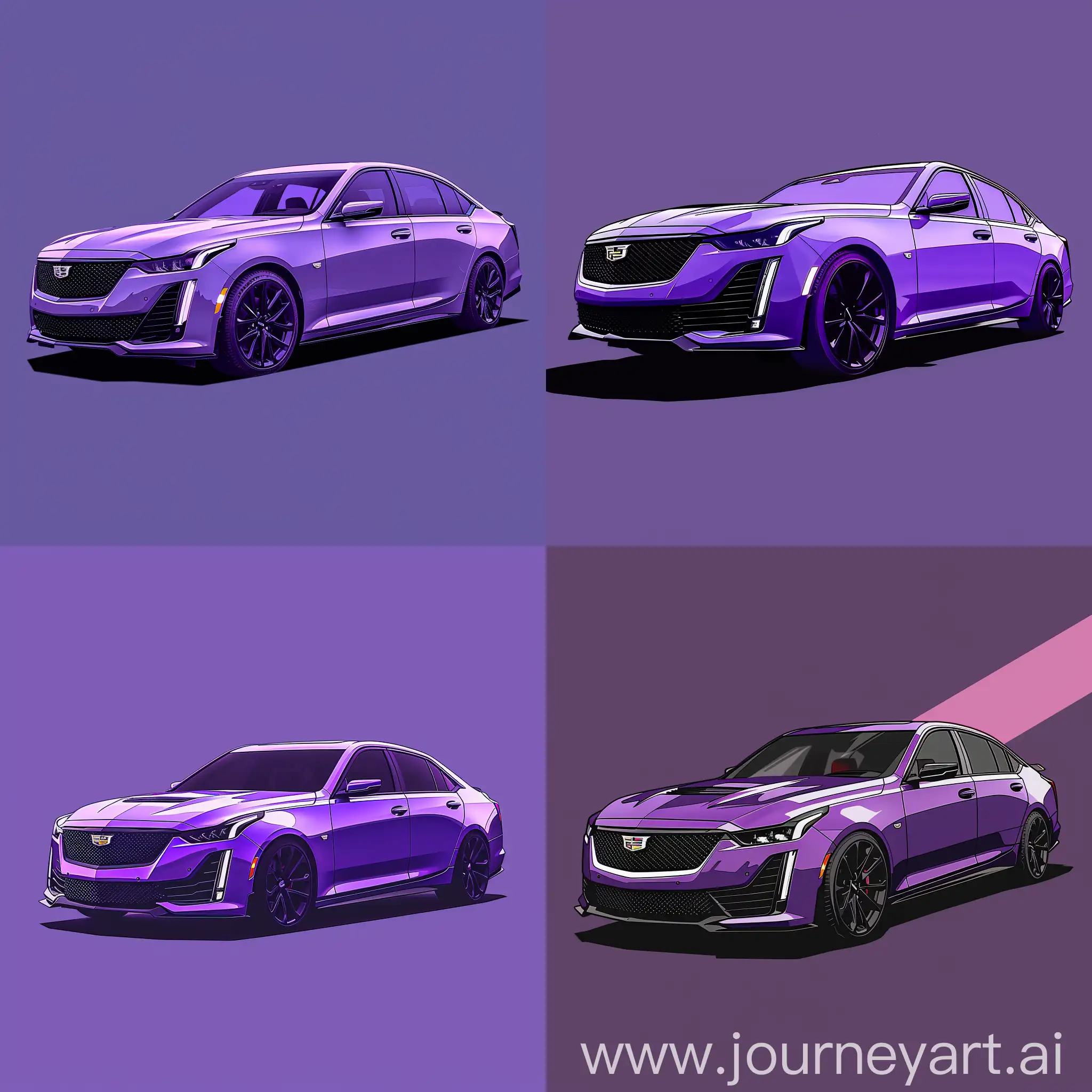 Purple Cadillac CT5 in minimalism 2D Illustration of 2/3 View, Monochrome and Purple Background