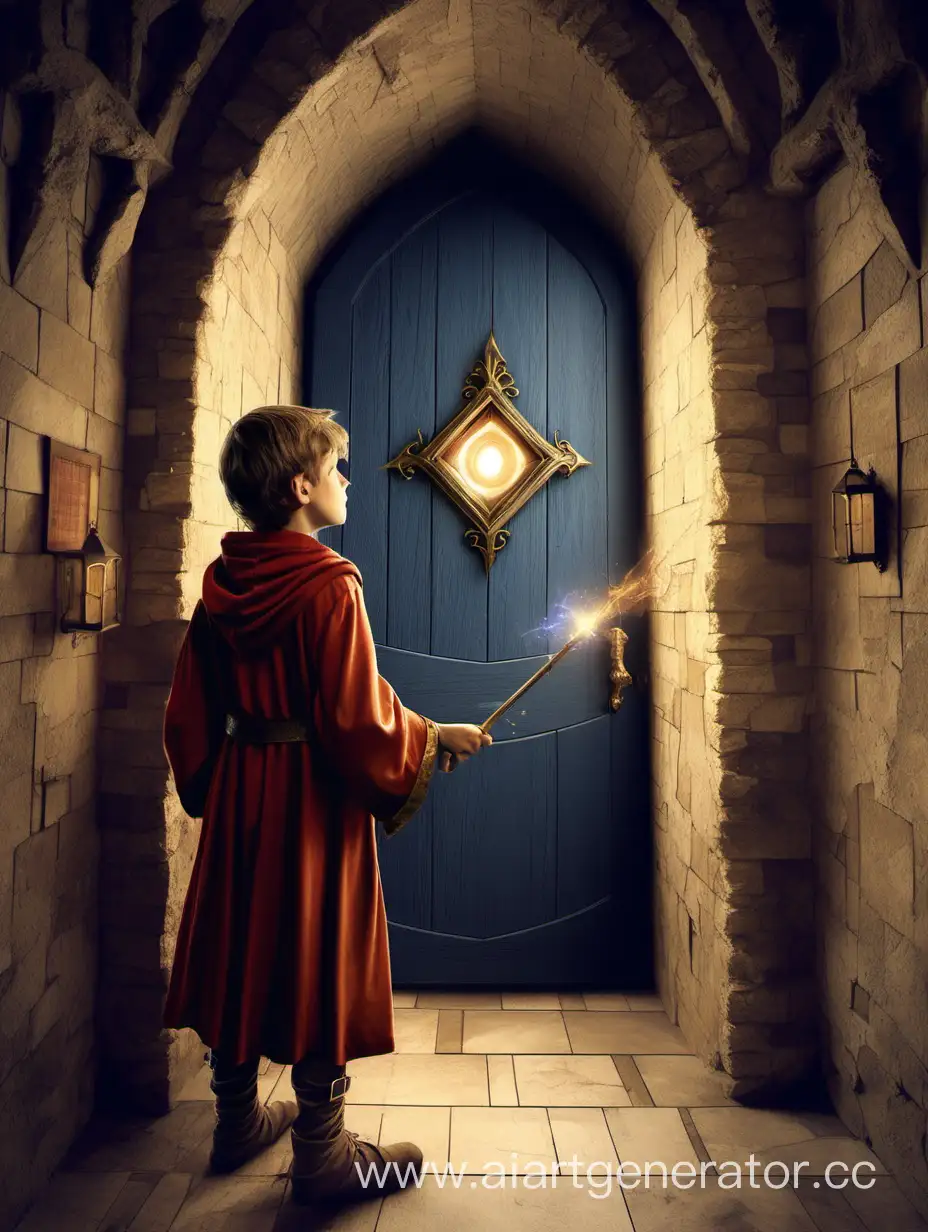 межкомнатная дверь, школа магии, средневековье, замок, коридор,  парень волшебник, без шляпы