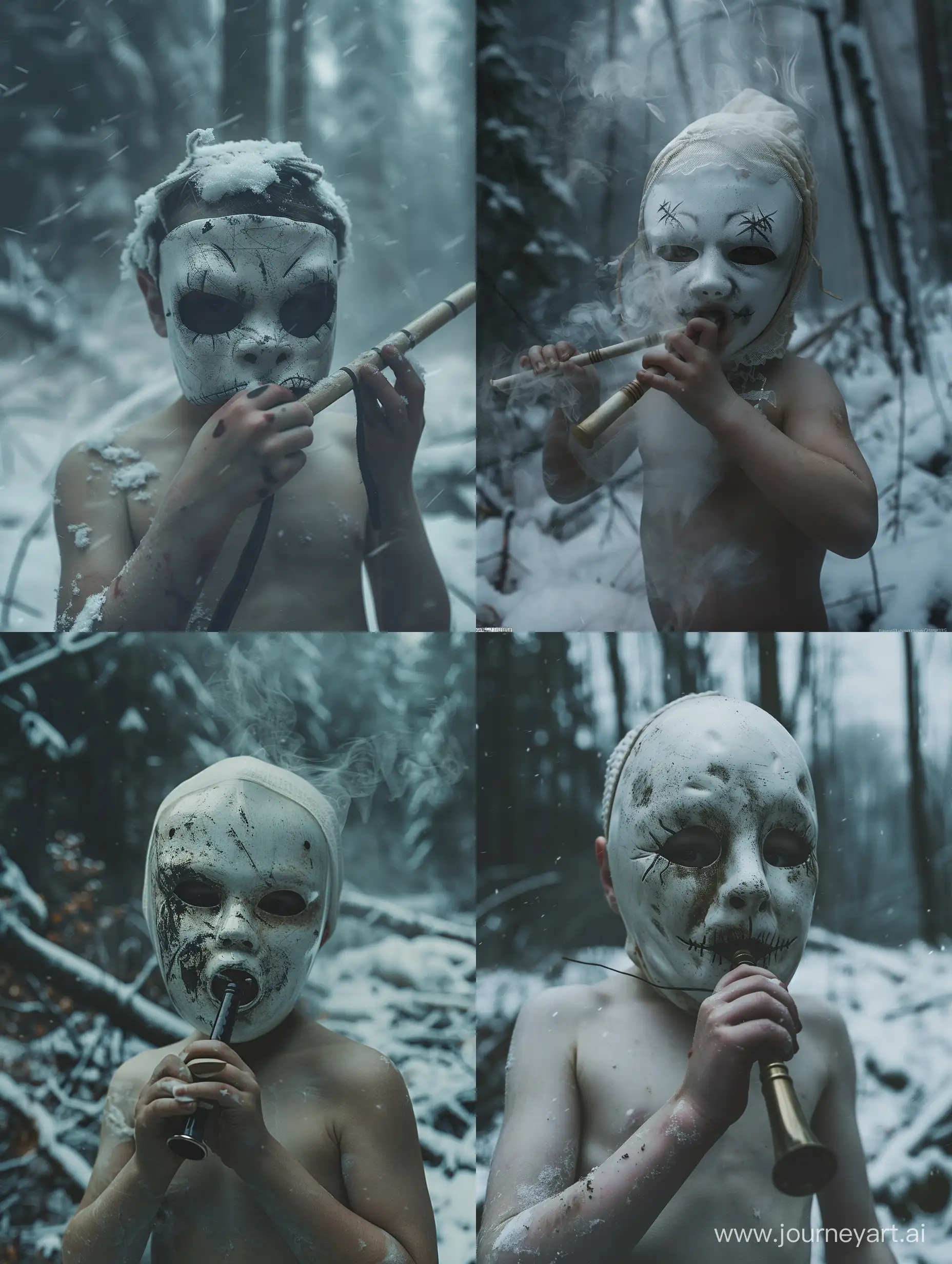 photography, realistic, full body,a child with a scary white mask makes sounds using an instrument in his mouth,dark, chaos, snowy area in the forest, mist,