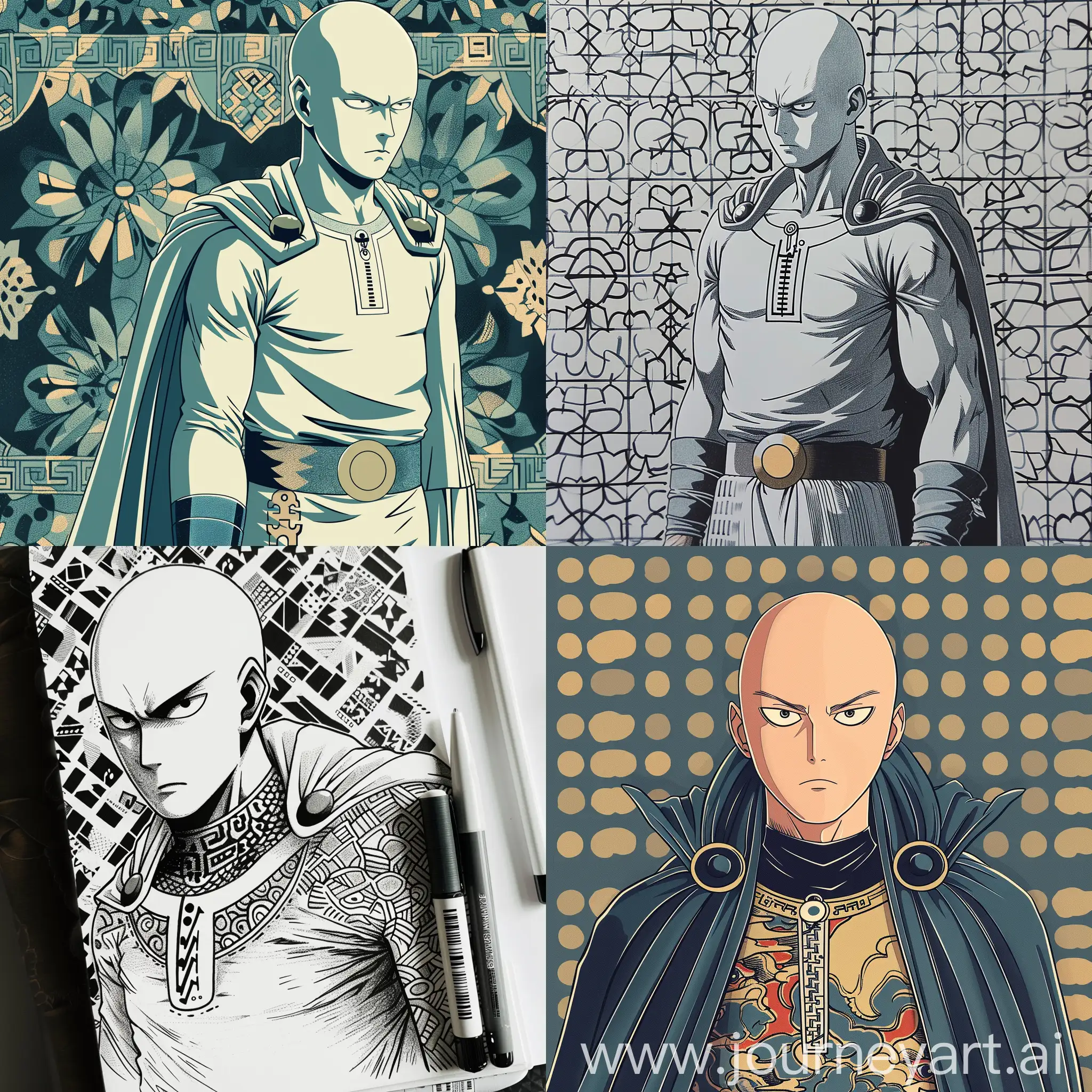 draw one punch man with Ghibli studio's pattern in cool tone