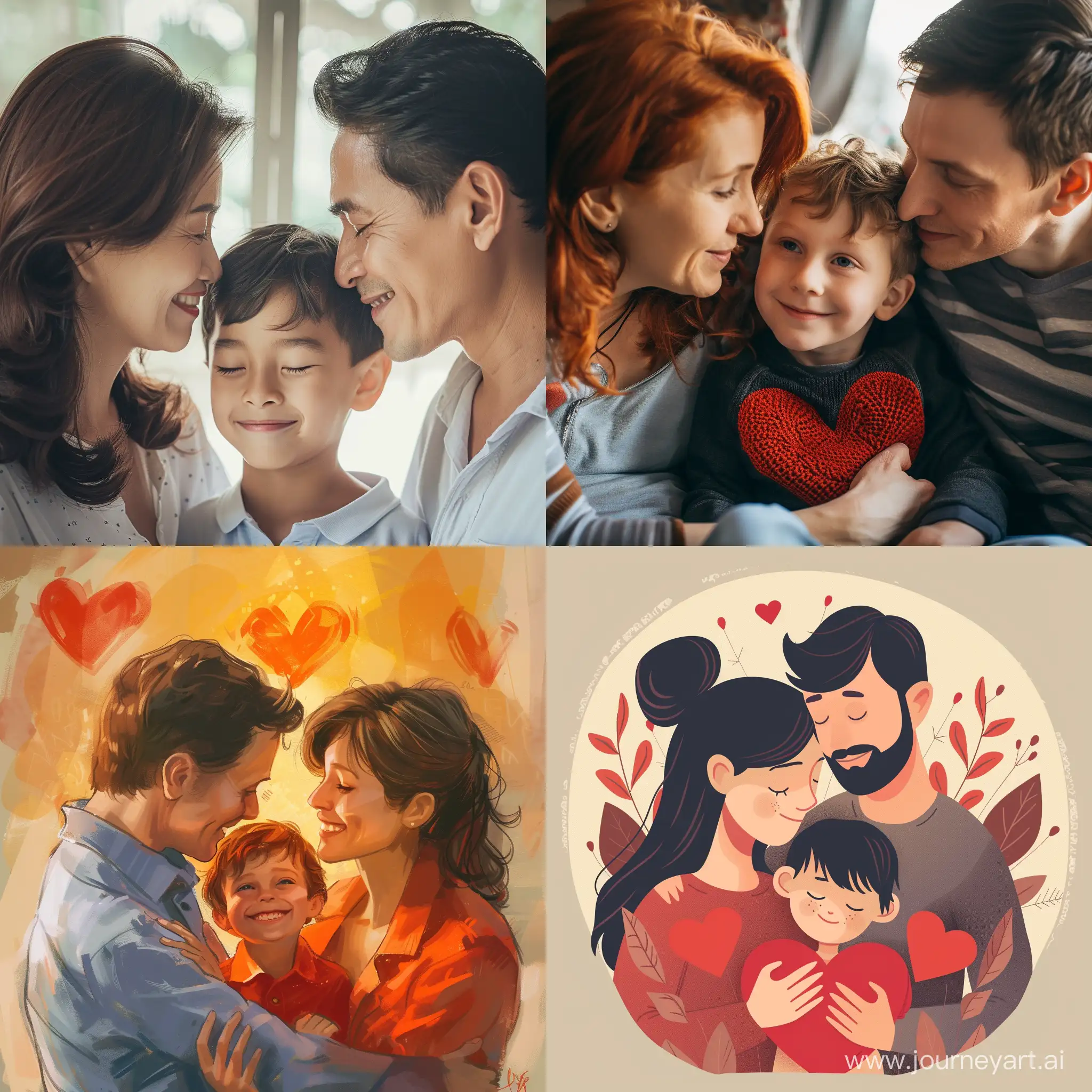 dad and mom give their son love and warmth. a picture in the style of a Valentine, says that "I love you."