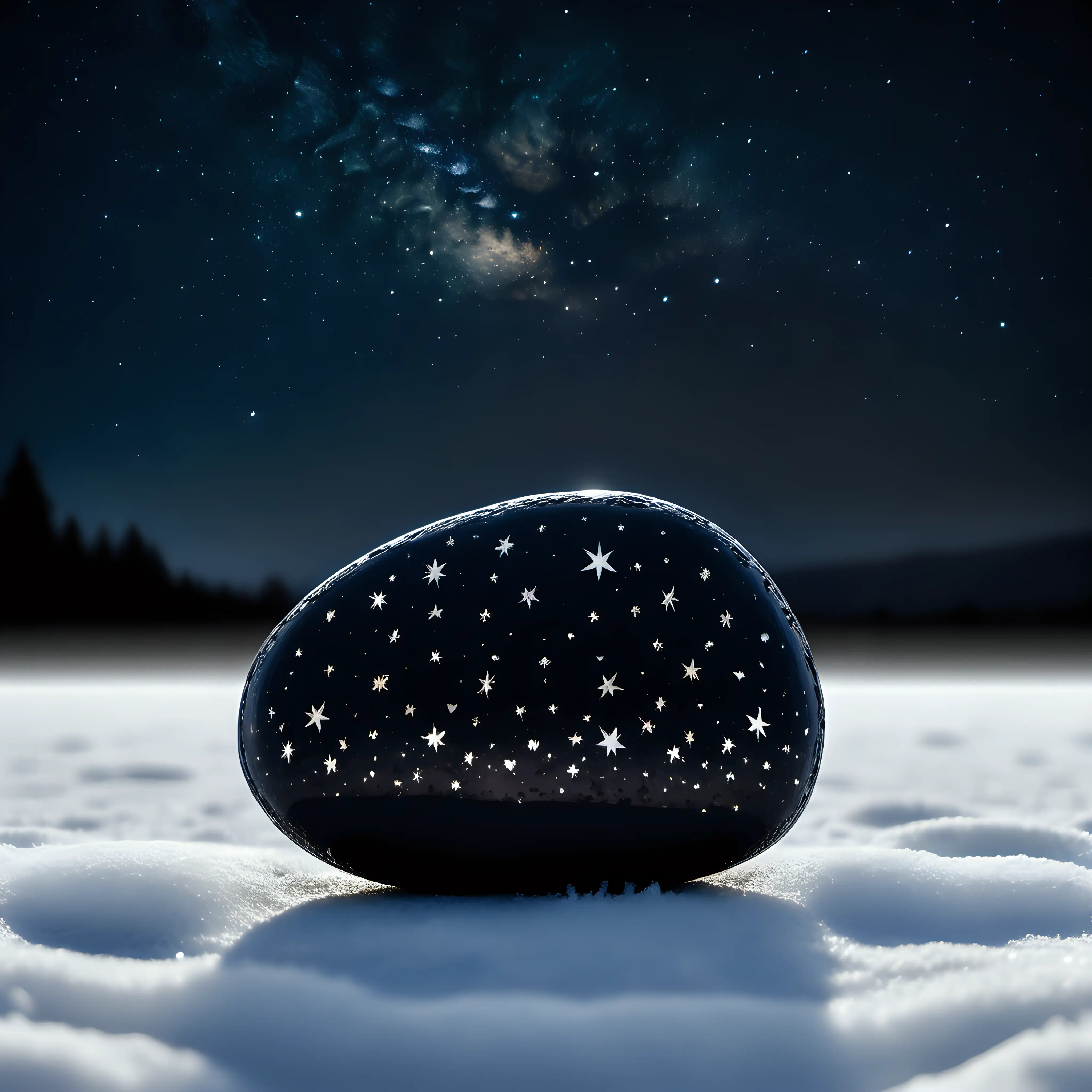 a black starry pebble in front of a dark snowy sky