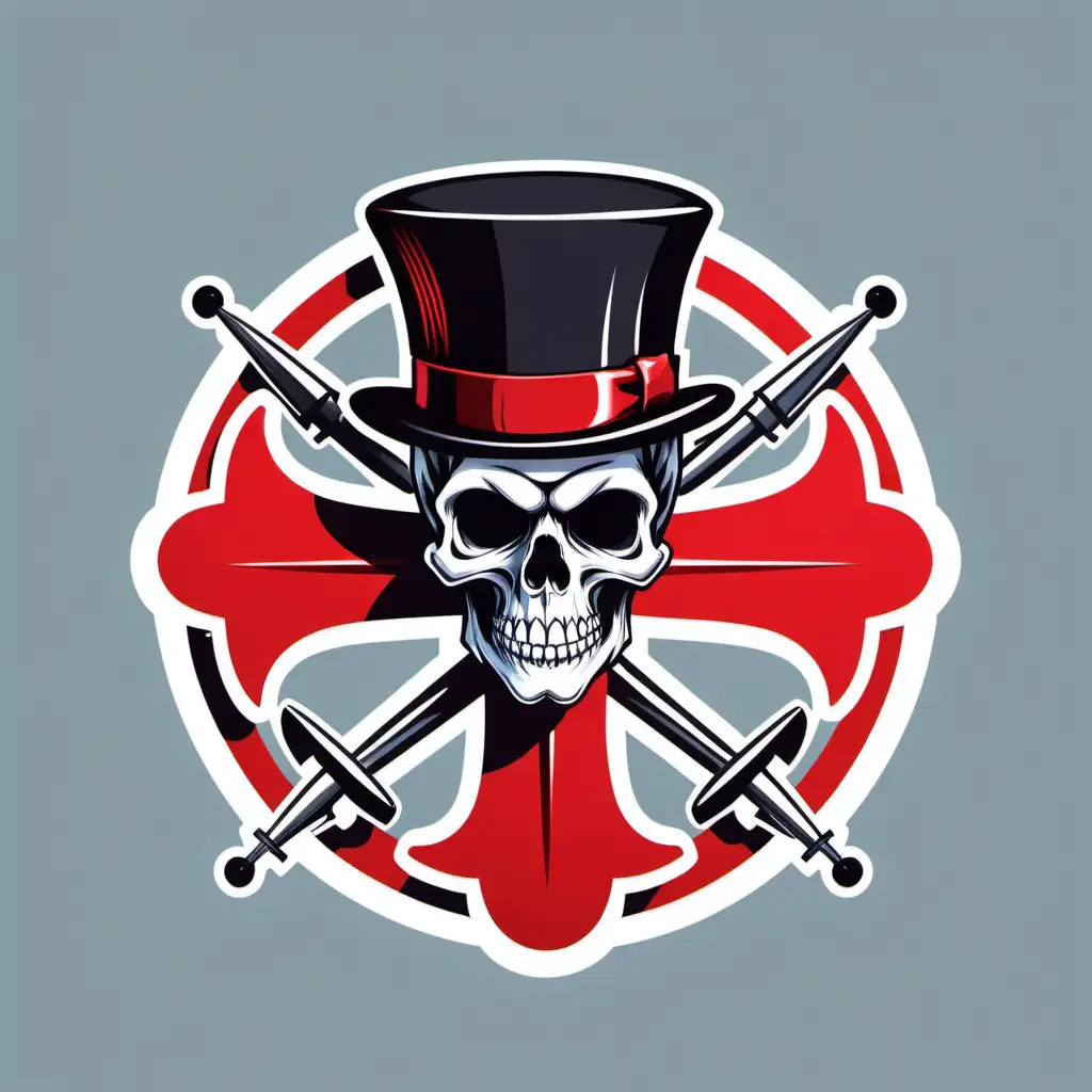 logo of basic skull wearing bowler hat with a red band, on a red cross, elegant, simple, clear, sharp, happy, medical cross, symmetrical, helicopter rotor blades