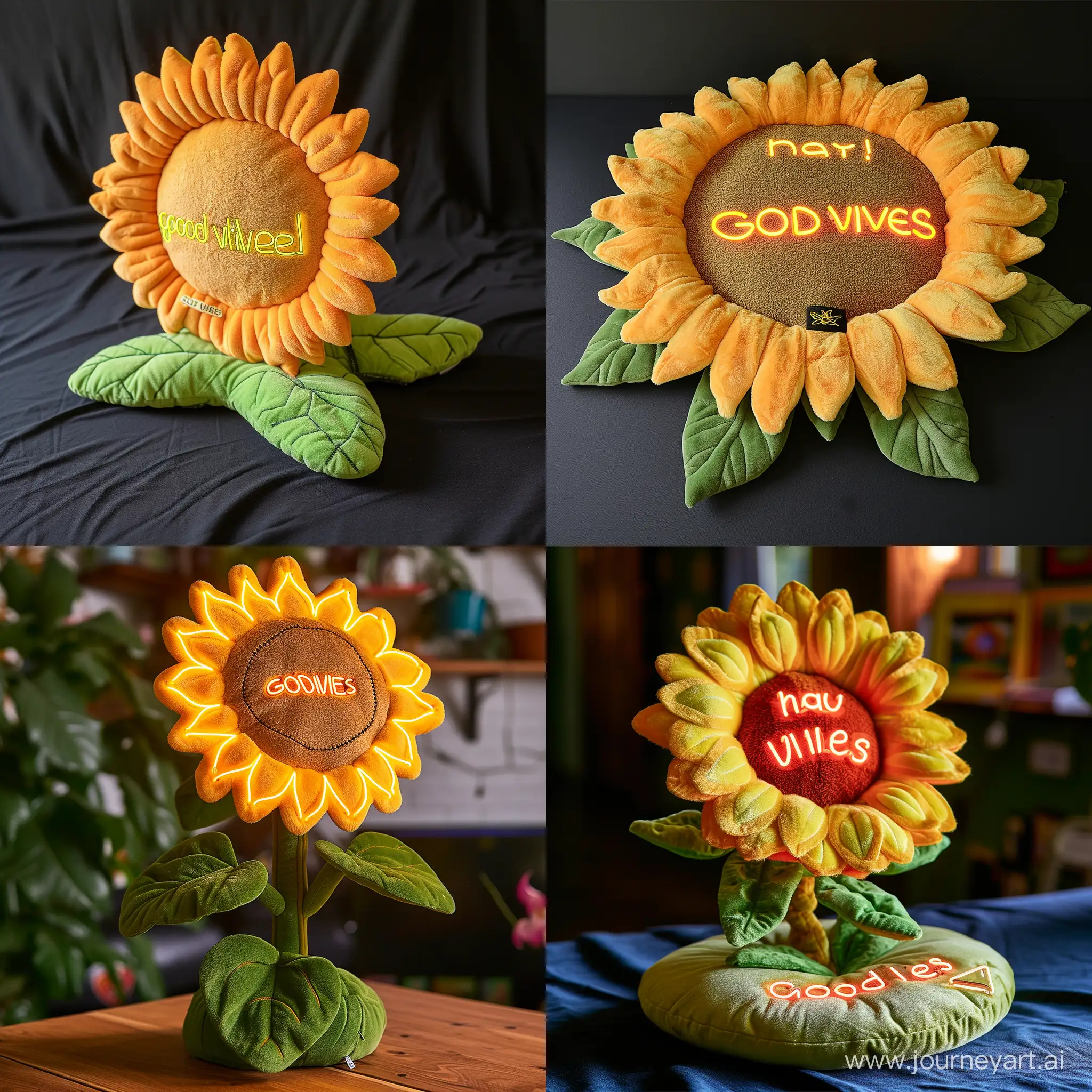 plush in the shape of a sunflower and says have a text "goodvibes" in neon