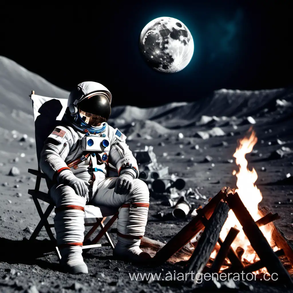 Космонавт сидит у костра на луне
